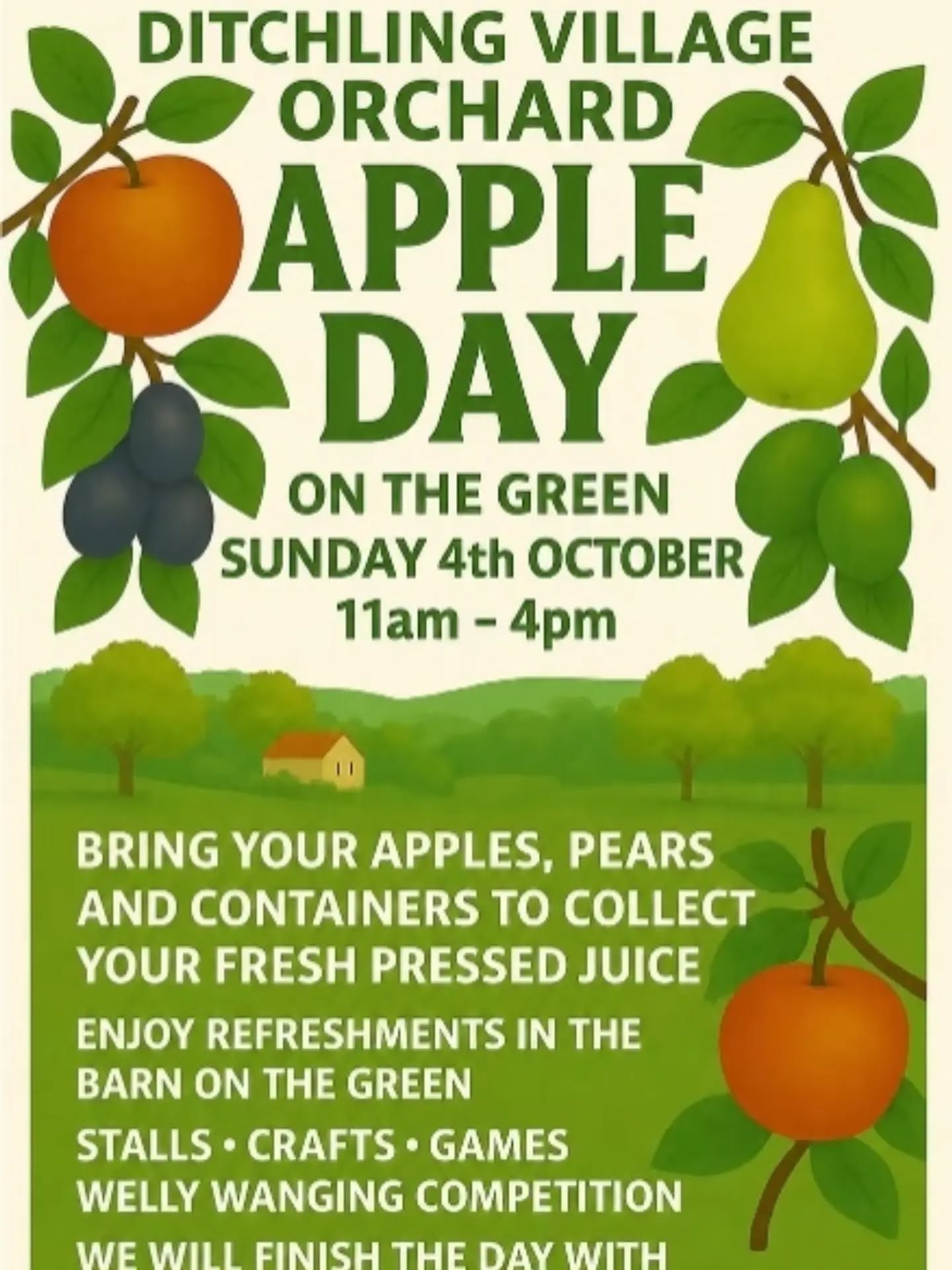 Ditchling Apple Day is this Sunday! 🍏🍎
Sunday 4th October 11am-4pm on Ditchling Green. Bring your empty bottles and your buckets of apples (or pears) for juicing. This is always the best day - there's fun for all including stalls, smoothie bike, welly wanging, food, bar, Morris Dancing, music, and the procession up to the orchard.
Apple Day is a lovely, sociable event for all generations, raising money for the orchard and local green spaces. The event is run entirely by volunteers and all offers of help will be gratefully received by the small team of organisers. If you can spare an hour or two serving coffees and teas, or bake something to sell that would be hugely appreciated. Please send an email to ditchlingorchard@hkdtransition.org.uk 🍎🍏