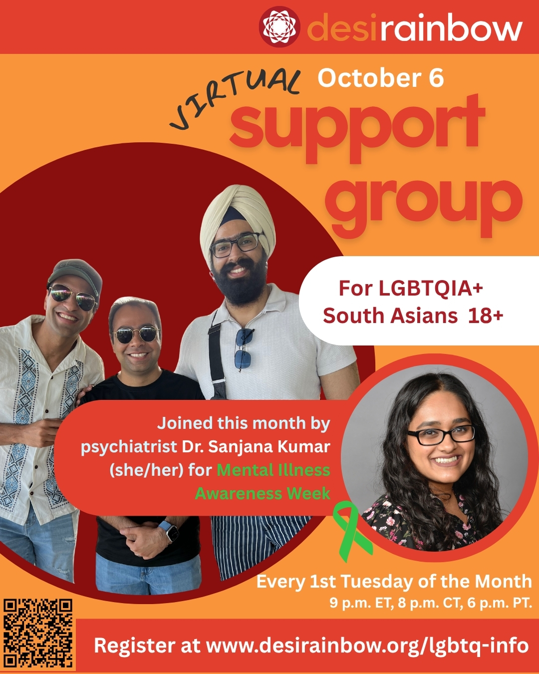 🏳️🌈🏳️⚧️ We invite LGBTQIA+ people of South Asian descent to join our virtual Support Group for the LGBTQIA+ community next week! Join us Tuesday, October 6th at 9 p.m. Eastern, 8 p.m. Central, and 6 p.m. Pacific.
💚 We are prioritizing our mental health during #MentalIllnessAwarenessWeek with support provided by psychiatrist Dr. Sanjana Kumar (she/her). You can share and vote on questions you would like to see discussed at tinyurl.com/DRLGBTQIAGroupQuestions
👉🏽 Joining for the first time? You'll need to register at least 2 hours before the event at www.desirainbow.org/lgbtq-info to receive the meeting link. Link in bio.
💟 This is a monthly 90-minute peer-to-peer support and discussion group that's only for LGBTQIA+ Desis 18 and older based in North America.
🥰 Join us as a member in creating a more affirming world for LGBTQIA+ Desis at desirainbow.org/membership
#lgbtq #supportgroup #desiqueer #queerdesi #queersouthasian #MIAW #MentalHealthMatters #lgbtqcommunity #transgender #nonbinary #bisexual #gay #lesbian