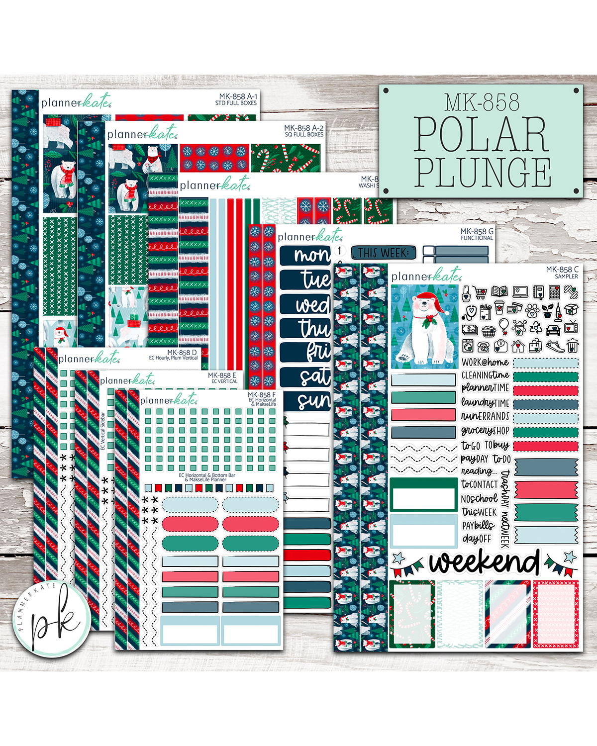 Our PlannerKate December release is Monday morning at 9am!! Check out all the sneak peeks today on the PK BLOG! See you Monday!!
MK-858 Polar Plunge
Get ready for a playful pop of winter color! 🐻❄️❤️💚💙 Bright reds, cheerful greens, and cool polar blues come together in this fun and whimsical collection. Inspired by an adorable polar bear, this kit mixes sweet candy cane details with bold abstract patterns for a look that’s anything but ordinary. It’s a cheerful burst of color for your planner or journal and the perfect way to add some personality to your winter pages! ✨