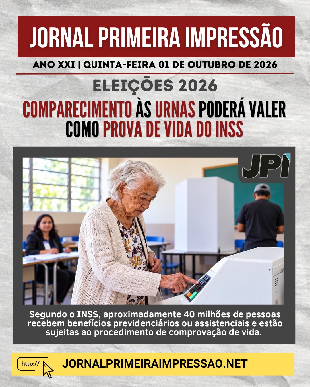 Terceira idade: voto servirá como prova de vida do INSS nas Eleições 2026
Aposentados, pensionistas e outros beneficiários do INSS poderão ter o comparecimento às Eleições 2026 utilizado automaticamente como Prova de Vida.
Na prática, não será preciso fazer nenhum procedimento especial na seção eleitoral. O registro da votação poderá ser identificado pelo INSS por meio do cruzamento de dados com a Justiça Eleitoral.
⚠️ Importante: isso não significa que quem não votar perderá o benefício. O INSS utiliza diversas bases públicas para confirmar a vida do segurado.
Para ler essa e outras notícias, acesse o site do Jornal Primeira Impressão.
#INSS #ProvaDeVida #Eleições2026 #Aposentados #Pensionistas #TSE #JornalPrimeiraImpressão