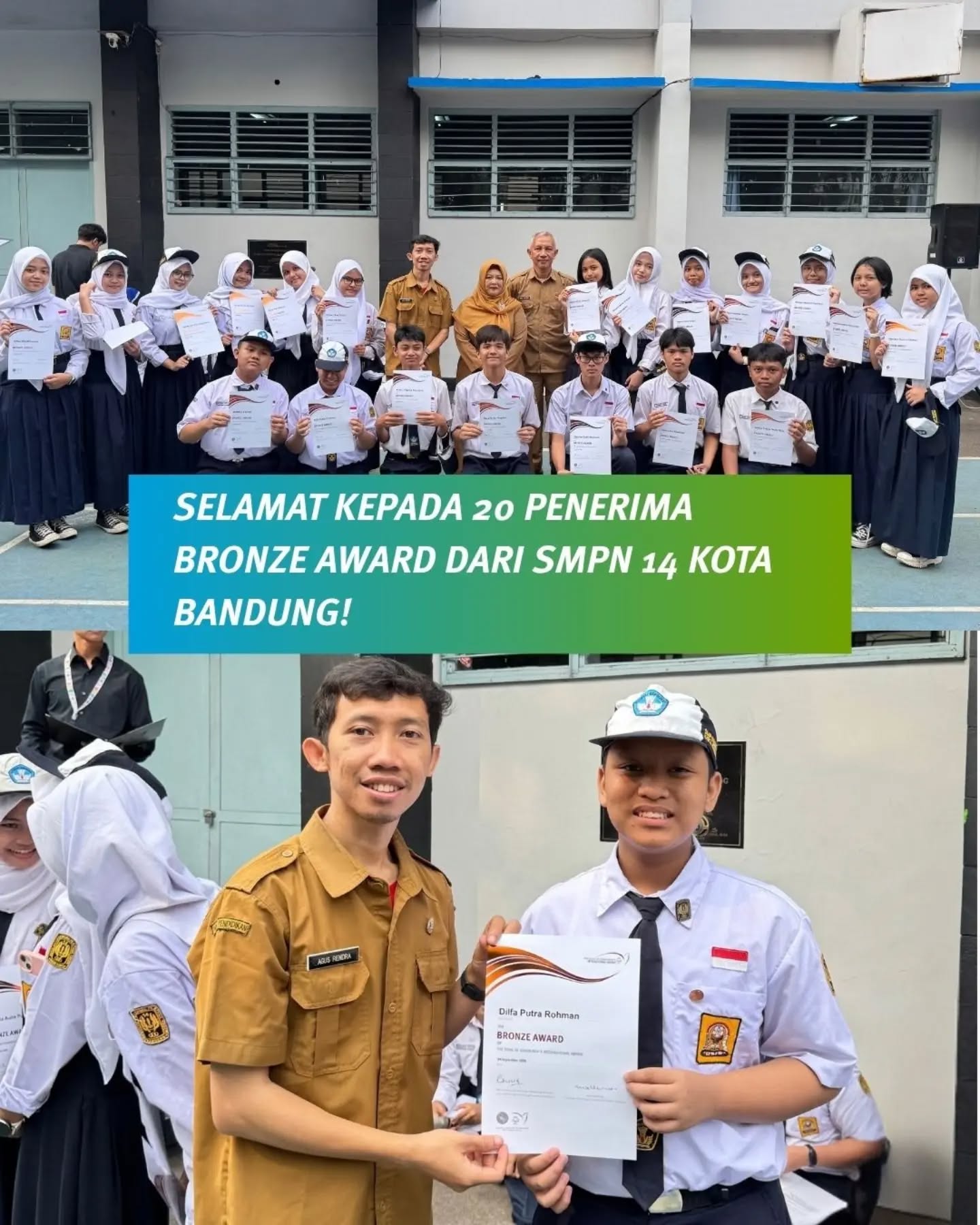 Selamat kepada seluruh Awardee SMPN 14 Bandung! 👏
Semoga perjalanan ini menjadi bekal untuk terus belajar, berkembang, dan berkontribusi di mana pun kalian berada.
Keep growing and keep going!
Be #WorldReady ✨
Momen spesial penyematan pin Bronze Award. Selamat Arsyila Denia! ✨
Raza Akhtar Nugraha juga turut menerima Bronze Award! Bukti kerja keras dan dedikasi. Keep growing! 🏅👏
Behind every Awardee is a dedicated team. Terima kasih para Award Leader SMPN 14 Bandung. 👏
Akhtar Algebra Bayuzetra dengan Bronze Award-nya. Satu langkah besar dimulai dari sini. Be #WorldReady ✨
Momen saat penyematan dan kebersamaan para penerima Bronze Award dan Award Leader ✨️📹
Selamat dan terus semangat kepada para penerima Bronze Award @bdg.smpn14 berkembang, dan berkontribusi!
Be #WorldReady ✨