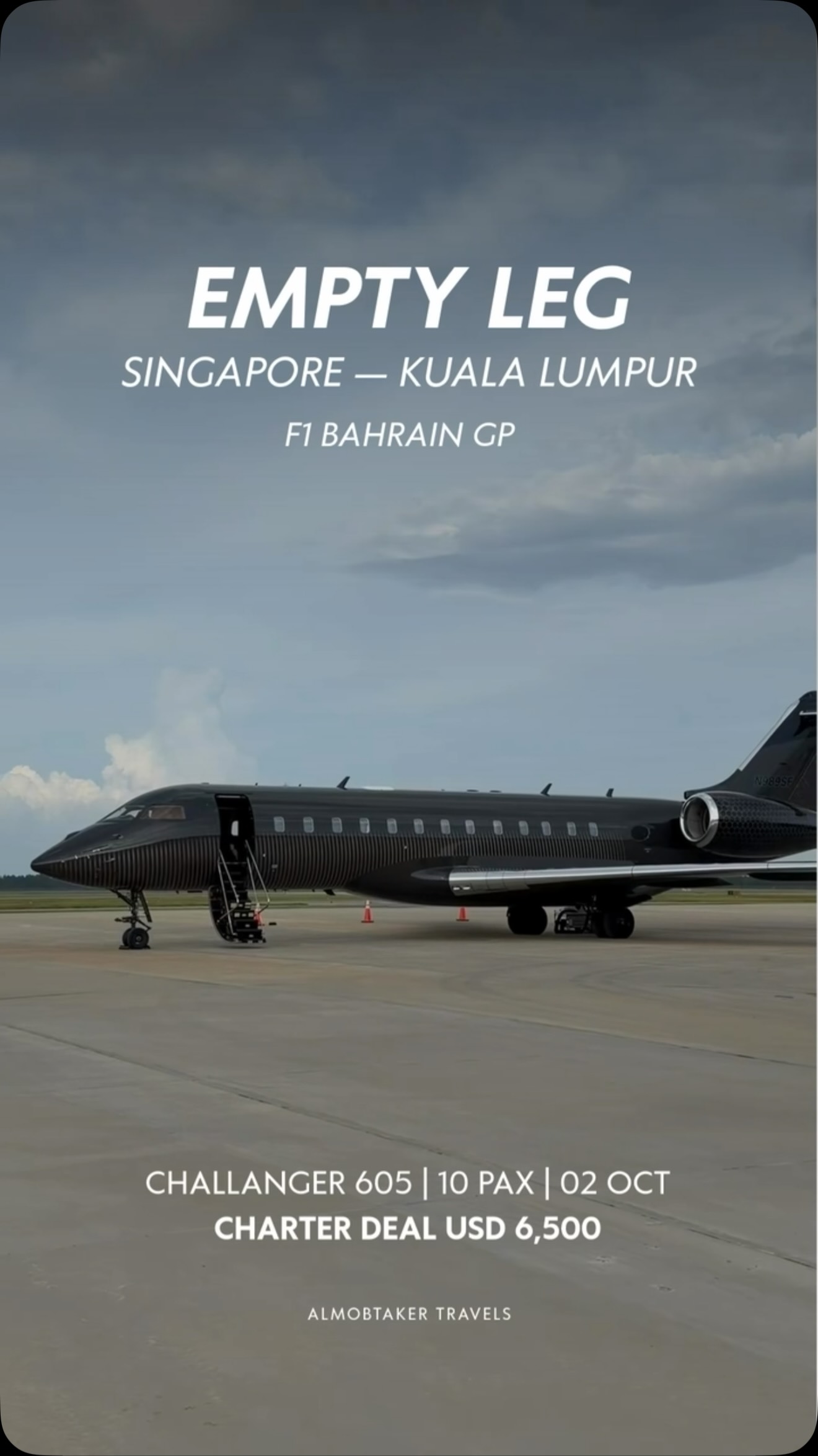 ✈️ SINGAPORE → KUALA LUMPUR
F1 Bahrain GP Race 🏁
02 Oct. 2026
$650 / per person
(Total flight $6,500*)
Max 10 pax
WhatsApp Now | +447354444453
#privatejet