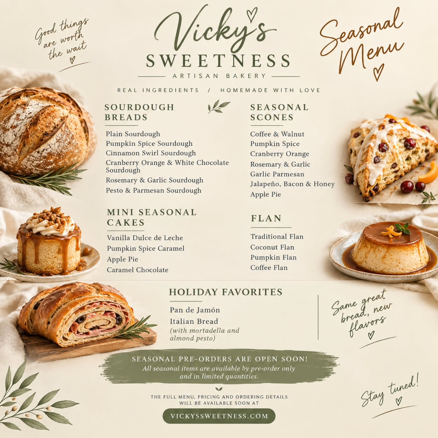 Okay… I may have gotten a little carried away. 😂
I started thinking about a few fall flavors… and somehow we ended up with sourdough, scones, mini cakes, flan, Pan de Jamón AND Italian bread.
So yes… the Vicky’s Sweetness Seasonal Menu is happening!
And I’m not mad about it because LOOK AT THESE FLAVORS. 👀
Sourdough:
Pumpkin Spice • Cinnamon Swirl • Cranberry Orange & White Chocolate • Rosemary & Garlic • Pesto & Parmesan… and of course, Plain.
Scones:
Coffee & Walnut • Pumpkin Spice • Cranberry Orange • Rosemary & Garlic • Garlic Parmesan • Jalapeño, Bacon & Honey • Apple pie
Mini Seasonal Cakes:
Vanilla Dulce de Leche • Pumpkin Spice Caramel • Apple Pie • Caramel Chocolate
Flan:
Traditional • Coconut • Pumpkin • Coffee
Holiday Favorites:
Pan de Jamón or our Italian-style bread with mortadella & almond pesto.
And because I know myself… 😂 we’re keeping it simple:
Small batches. Pre-order only. Limited quantities.
No giant inventory sitting around waiting for someone to buy it. Just good food, made intentionally, in the quantities I can actually handle. 🤎
The full menu, prices & ordering details will be coming soon to:
👉 VICKYSSWEETNESS.COM
So… tell me:
Which one are you claiming before I even open the pre-orders? 👀😂
#VickysSweetness #SeasonalMenu #TampaBayBakery #SourdoughLove #SmallBatchBaking
