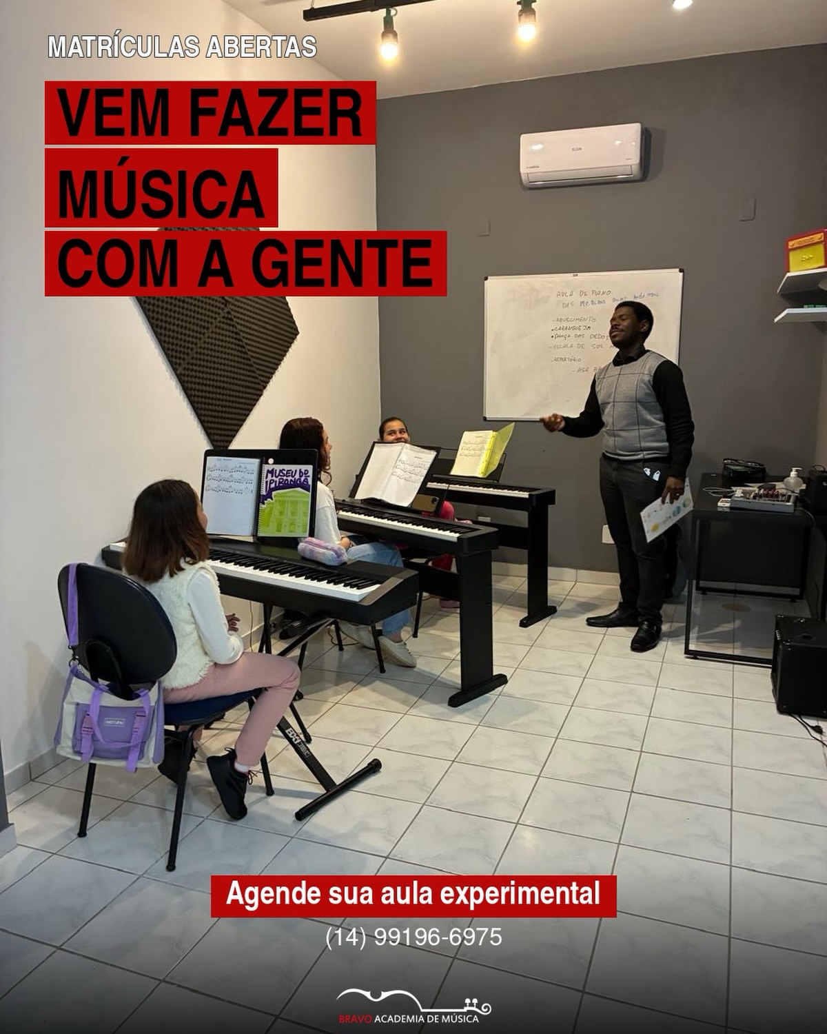 Quer aprender a tocar ou cantar ?
Na Bravo, você pode começar do zero, com orientação e no seu ritmo.
Estamos com matrículas abertas. Vem fazer música com a gente!
Agende sua aula experimental:
(14) 99196-6975
#BravoAcademiaDeMusica #Bauru #AulasDeMusica #matricula