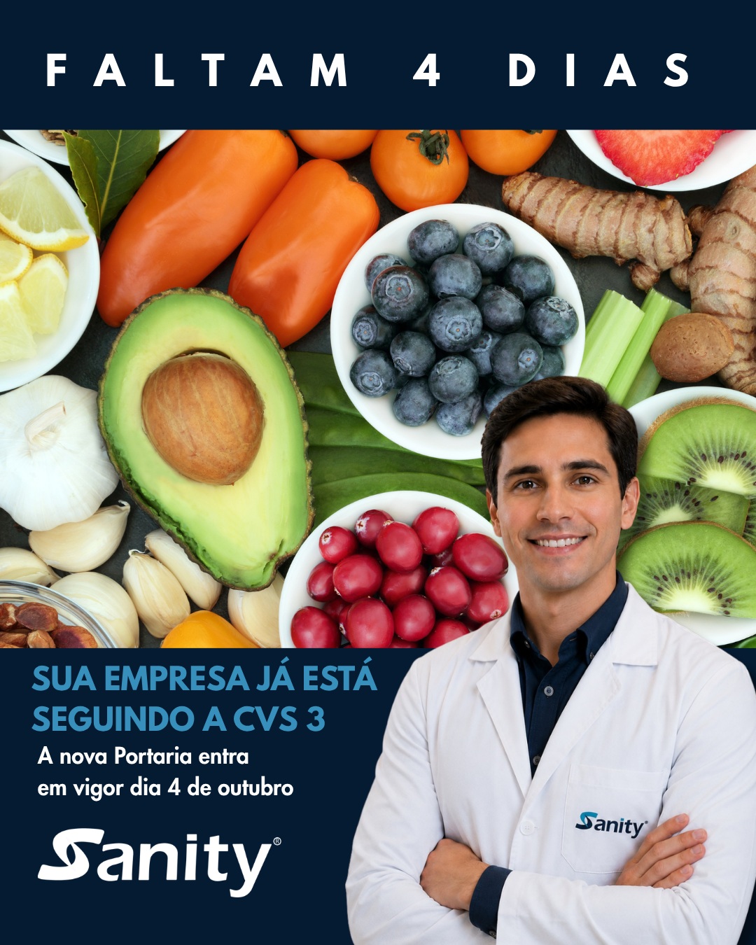 ⏰ Faltam 4 dias para a Portaria CVS 3/2026 entrar em vigor.
O prazo está chegando e deixar as adequações para depois pode significar correr contra o tempo.
Agora é o momento de entender as mudanças, identificar o que impacta sua operação e colocar as adequações em prática.
A Sanity pode ajudar sua empresa nesse processo, desde o diagnóstico até a implementação e acompanhamento.
Não deixe para a última hora.
📲 Quer entender o que sua empresa precisa adequar? Fale com os especialistas da Sanity
👉Venha ser um cliente Sanity!
E-MAIL: comercial@santityconsultoria.com
TEL: (11) 3149 - 4710
WHATSAPP: (11) 97411 - 6280
SITE: www.sanityconsultoria.com
#ConsultoriaSanitária #VigilânciaSanitária #CVS3 #GestãoDaQualidade #segurancadosalimentos