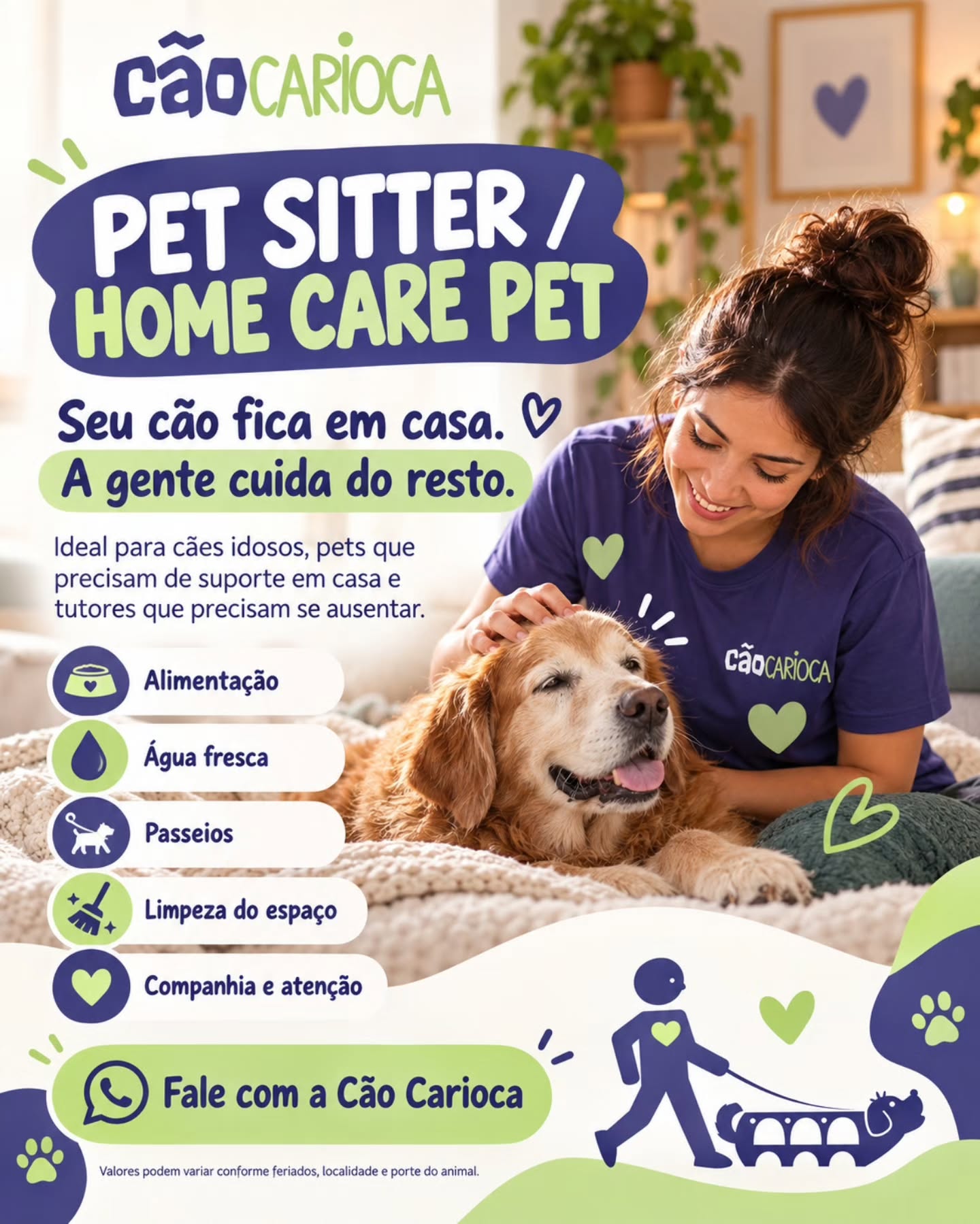 🐶🏡 SEU CÃO PRECISA DE CUIDADOS, MAS VOCÊ NÃO PODE ESTAR EM CASA?
Nem todo pet se sente confortável longe do próprio ambiente. E isso pode ser ainda mais importante quando falamos de cães idosos, animais com limitações ou pets que precisam de uma rotina mais acompanhada. 💜💚
É aí que o Pet Sitter / Pet Care domiciliar da Cão Carioca pode ajudar.
O cuidador vai até a residência do pet para auxiliar nos cuidados da rotina, sem que ele precise sair do ambiente que já conhece. 🏡🐾
Durante a visita, o serviço pode incluir:
🥣 alimentação;
💧 troca de água;
🐕 passeios;
🎾 atividades recreativas;
🧹 limpeza de xixi e cocô;
💜 atenção e companhia ao cão.
O atendimento pode acontecer com ou sem a presença do tutor, conforme a necessidade da família.
Para um cão idosinho, por exemplo, ter alguém durante o dia para verificar a água, oferecer a alimentação, realizar um passeio tranquilo ou simplesmente proporcionar companhia pode fazer muita diferença na rotina.
E para o tutor que trabalha, viaja ou precisa passar algumas horas fora, existe também aquela tranquilidade de saber que alguém estará cuidando das necessidades básicas do pet dentro da própria casa. 🥰
💰 Quanto custa?
Na Cão Carioca, os valores-base de referência são:
🐾 Visita de 1 hora: R$ 60
📅 Domingo, feriado ou data comemorativa: R$ 80 por 1 hora
⚠️ Os valores podem sofrer alterações conforme localidade, deslocamento, porte do animal, feriados, datas especiais e necessidades específicas do atendimento. Consulte sempre nossa equipe para receber um orçamento.
E um ponto importante: o Pet Sitter não substitui acompanhamento veterinário. Em casos de animais doentes ou que necessitem de cuidados clínicos, o médico-veterinário continua sendo o profissional responsável pelo tratamento.
💜 Seu pet fica em casa.
💚 A rotina continua.
🐾 E você pode sair com mais tranquilidade.
📲 Precisa de Pet Sitter no Rio de Janeiro? Fale com a Cão Carioca e conte para nossa equipe sobre a rotina do seu pet.
Cão Carioca — cuidado e carinho em todas as fases da vida.
#CãoCarioca #PetSitterRJ #petcarerj #CuidadorDeCães