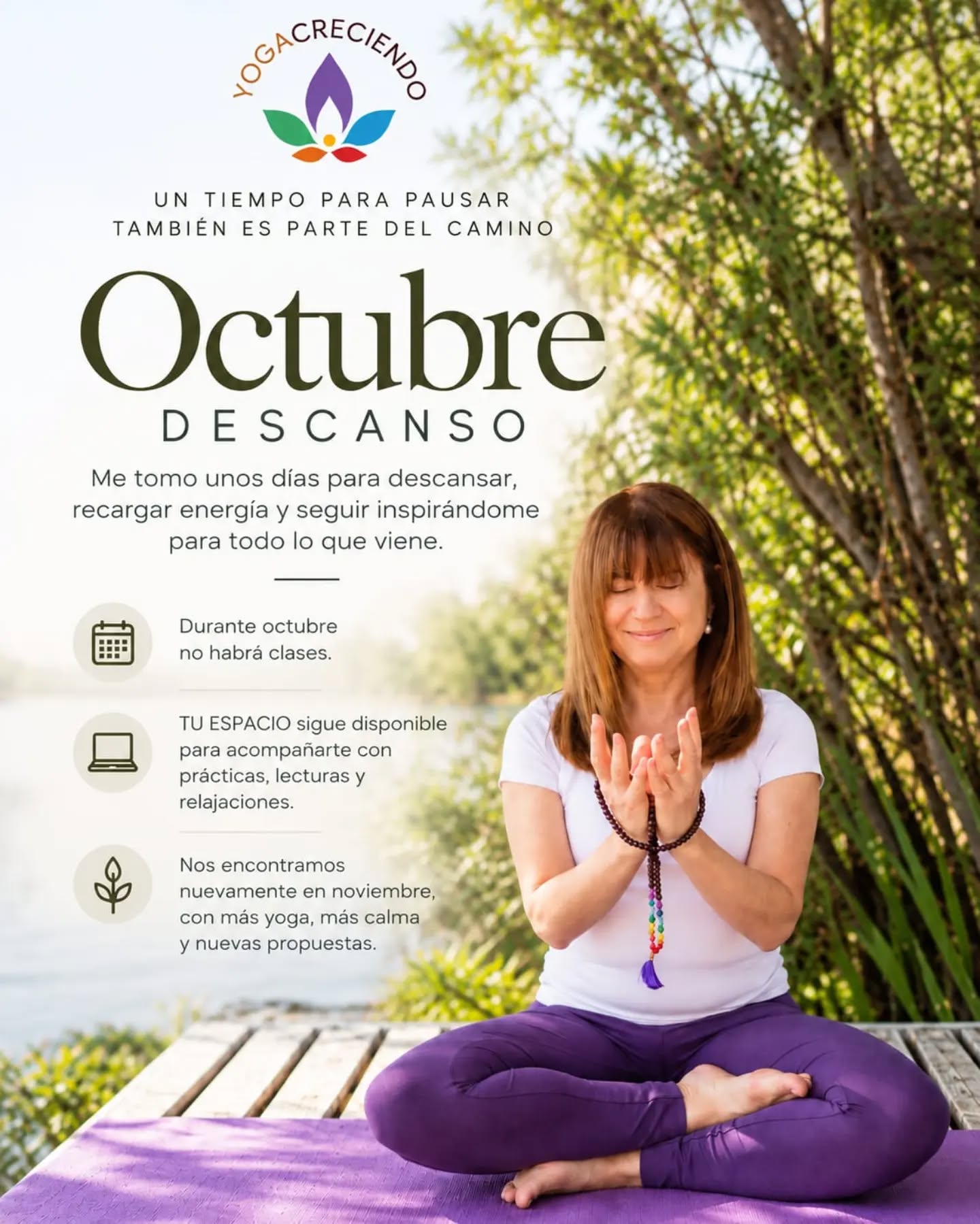 Que tengan un hermoso OCTUBRE✨
Nos volvemos a encontrar a partir del **2 de Noviembre**. 🤍
Namasté! Marce