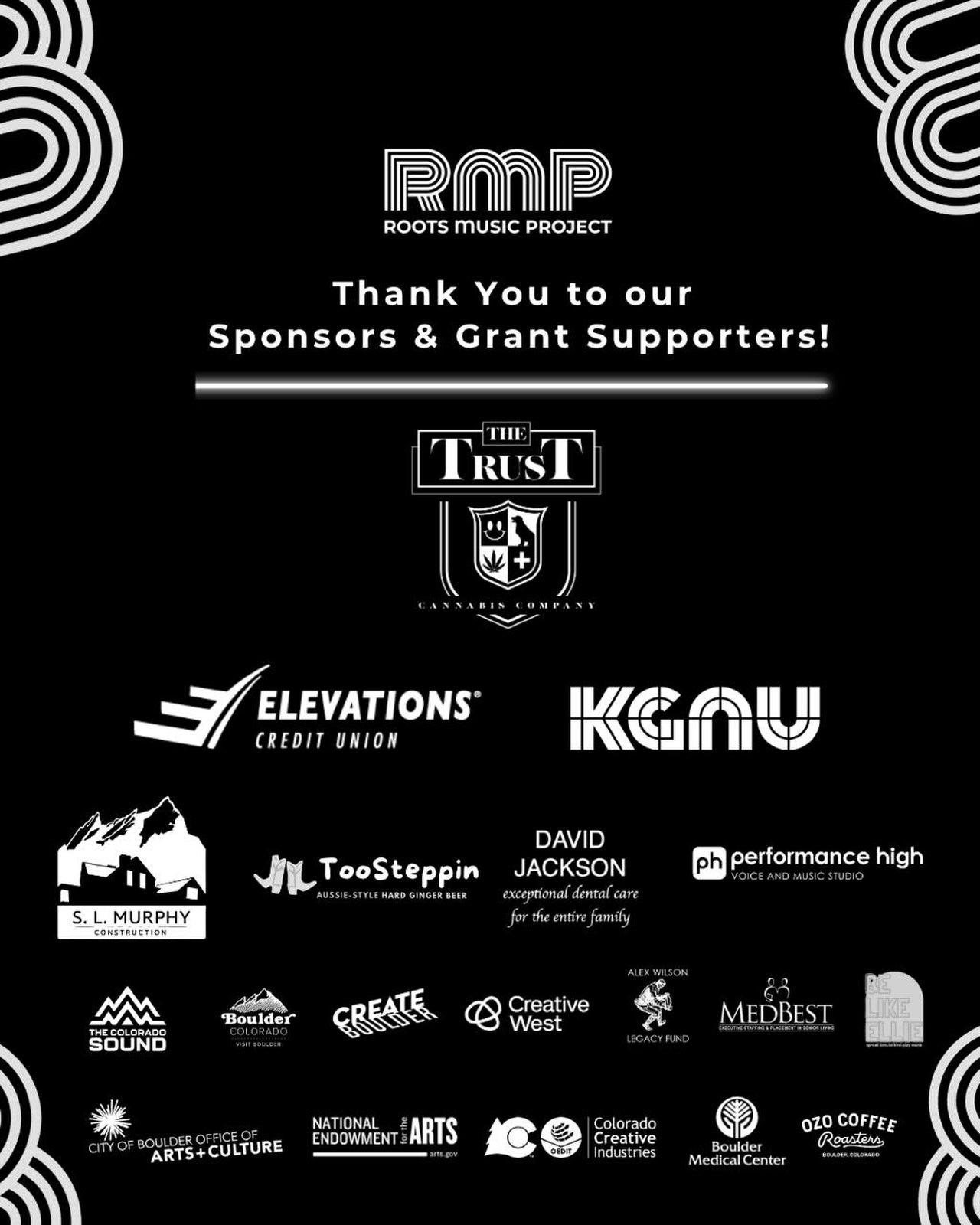 Thank You SO much to our incredible Sponsors ๐๐ถ for supporting Roots Music Projectโs mission ๐ซ to amplify the live music community through performance ๐ค and artist development ๐ธ Trust Cannabis @thetrustboulder, Elevations Credit Union @elevationscu, SLM Construction, Toosteppin @toosteppin.gingerbeer, David Jackson DDS, Performance High @performancehigh303, Visit Boulder @visitboulder, Create Boulder, Creative West @creativewestrao, Boulder Arts Comission @boulderartsculture, National Endowment of The Arts @neaarts, Colorado Creative Industries @co_creatives, Alex Wilson, Be like Ellie @belikeellie, MedBest, Ozo Coffee Roasters, Boulder Medical Center @bouldermedicalcenter and The Colorado Sound @thecolosound
.
.
.
#ThankYouSponsors #RootsMusicProject #SupportLiveMusic #MusicCommunity #ArtistDevelopment