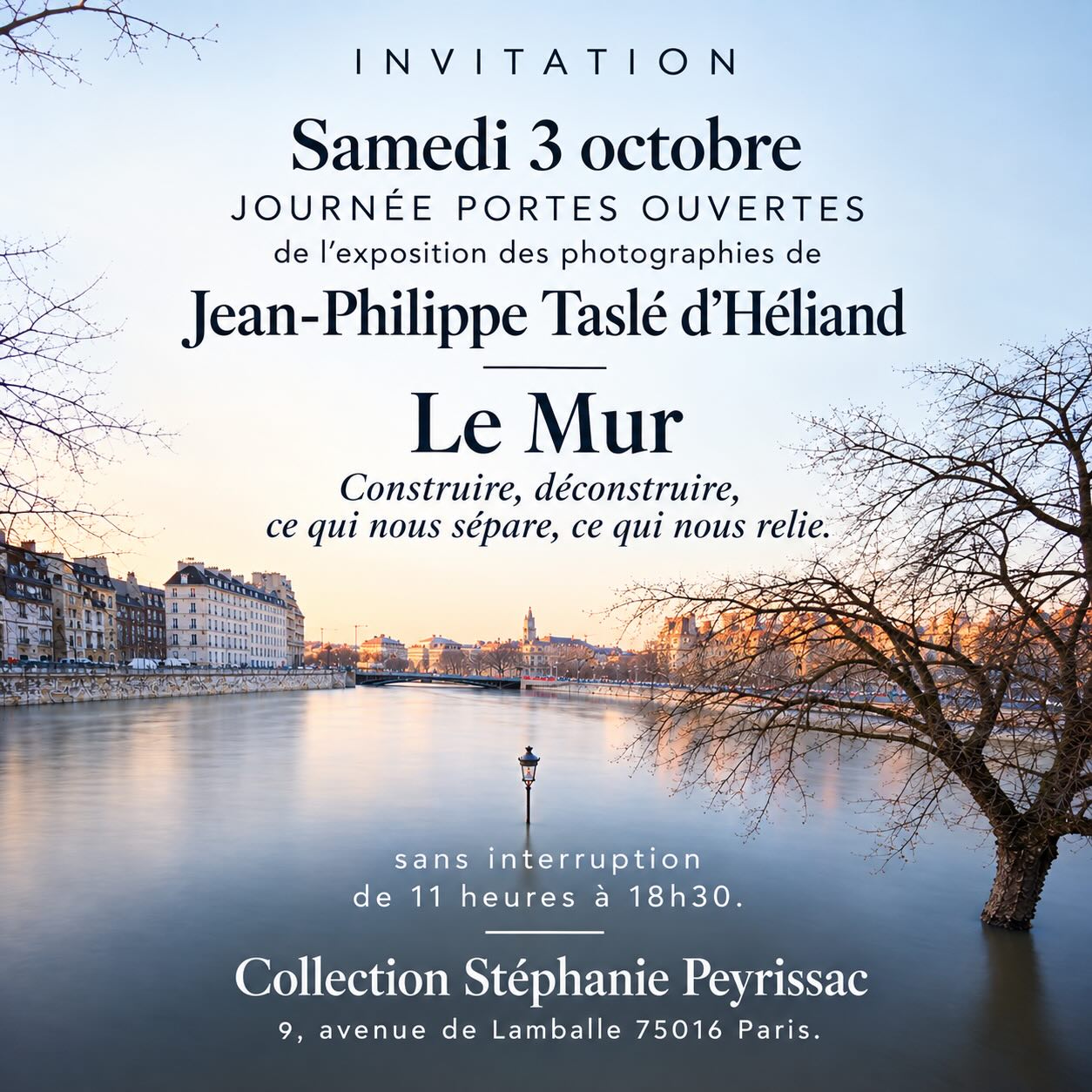 Je vous invite à une première
JOURNÉE PORTES OUVERTES
📅 Dimanche 4 octobre
⏰ 11h – 18h
Collection Stéphanie Peyrissac
📍 9 avenue de Lamballe, 75016 Paris
Pour découvrir ou redécouvrir l’exposition « Le Mur — Construire, déconstruire, ce qui nous sépare, ce qui nous relie », consacrée au travail photographique de Jean-Philippe Taslé d’Héliand.
À travers 27 photographies, l’artiste interroge le mur au-delà de sa réalité physique : ce qui nous sépare, nous protège, nous enferme ou nous empêche de passer. Le mur devient aussi une limite plus abstraite, parfois invisible, entre les êtres, les idées et les mondes.
#collectionstephaniepeyrissac #photo #exposition #paris16 #le16cc