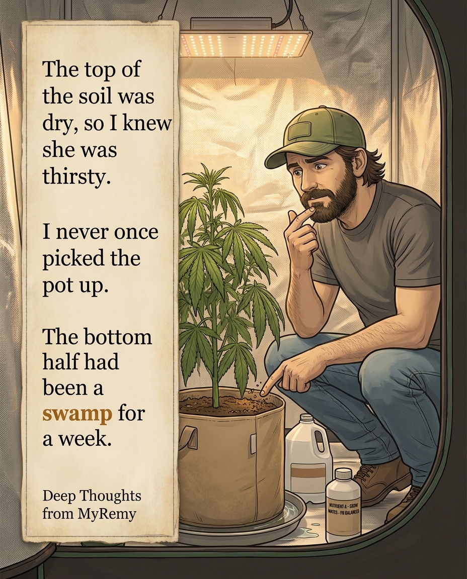 A dry top inch doesn't mean a dry pot.
The finger test reads the one part of the pot that dries first and fastest, and it says nothing about the bottom half, where the roots live. Pick the pot up instead. You'll know her full weight after about three lifts, and from then on your hands know more than your finger ever did. A heavy pot with a dusty crust isn't thirsty, it's still drinking what you gave it last time.
Save this for the next time the top of the soil looks bone dry, and send it to the grower who waters off a finger dip.
The whole system is written down in the free Stability Playbook. Say PLAYBOOK in the comments and it comes straight to your DMs.
Do you lift your pots before you water, or is the finger test still setting your schedule?
#GZGrowShops #MyRemy #GrowTips #SoilHealth #HomeGrower