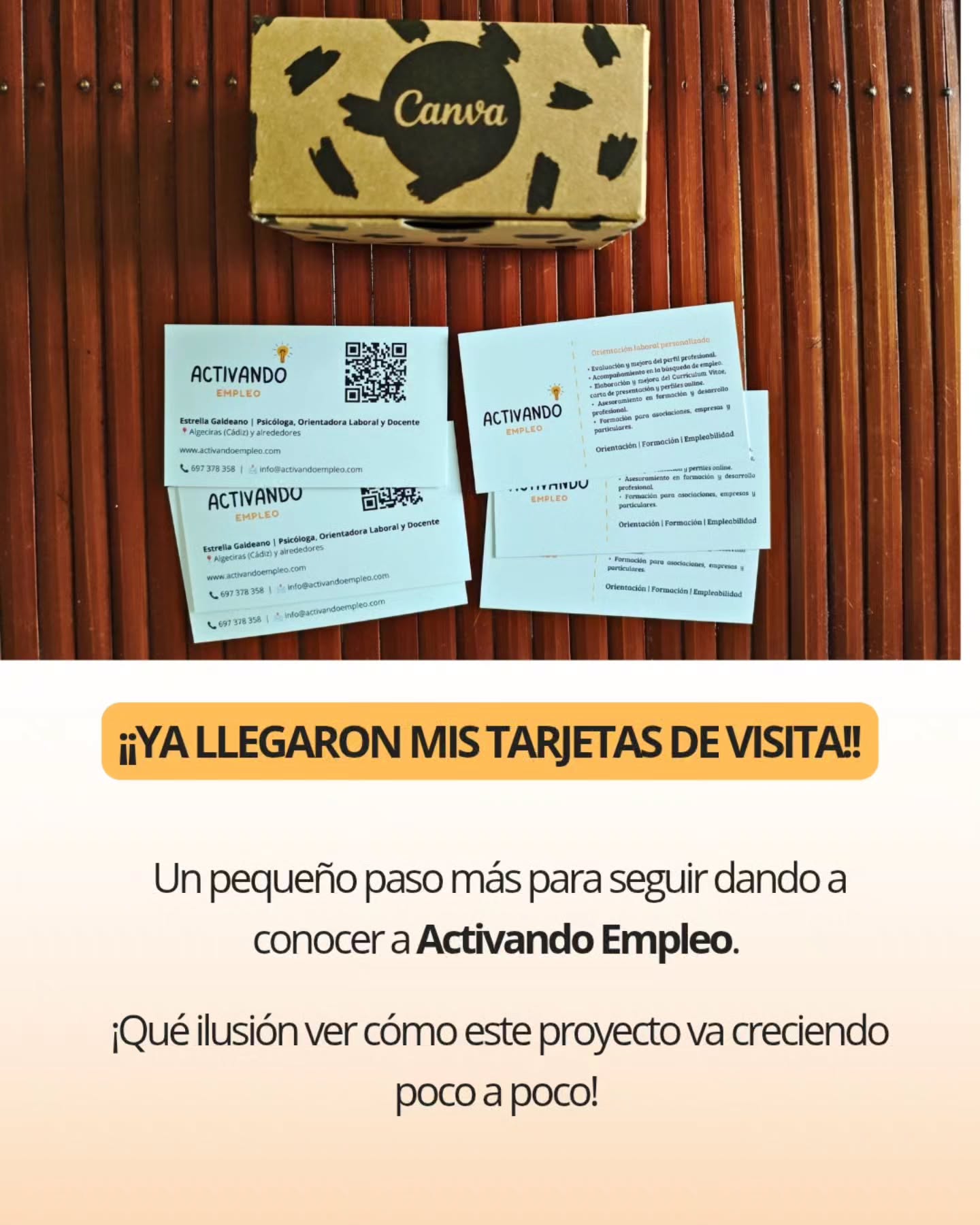 ✨ ¡Un pequeño paso más para Activando Empleo!
Ya tengo mis tarjetas de visita y me hace mucha ilusión ver cómo este proyecto va tomando forma. 🧡
Poco a poco, seguimos creciendo, creando nuevas oportunidades y dando a conocer este espacio de orientación laboral, formación y desarrollo profesional.
¡Gracias a quienes estáis acompañándome en este camino!
@canva_es
#ActivandoEmpleo #OrientaciónLaboral #Emprendimiento #PequeñosPasos #SeguimosCreciendo