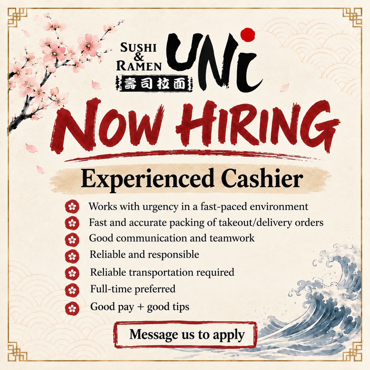 📢 NOW HIRING: EXPERIENCED CASHIER
We’re looking for a reliable and experienced cashier to join our team!
✅ Works with urgency in a fast-paced environment
✅ Fast and accurate packing of takeout/delivery orders
✅ Good communication & teamwork
✅ Reliable and responsible
✅ Full-time preferred
💰 Good pay + good tips
If you’re experienced, hardworking, and can keep up during busy hours, we’d love to hear from you!
📩 Message us to apply.