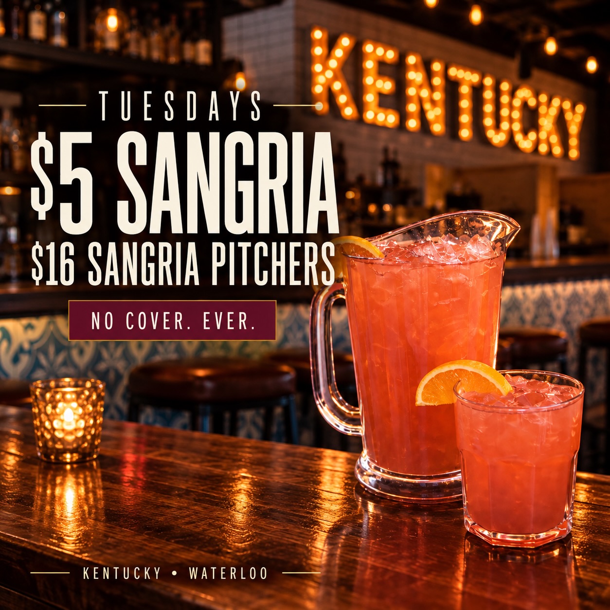 Tuesday drink deals at Kentucky Waterloo! 🍻
🍷 $5 sangria cups
🍑 $16 sangria pitchers
🍺 $5 Sol
🍻 $2 beer
Open @ noon!
#kwawesome #wrawesome #uptownwaterloo