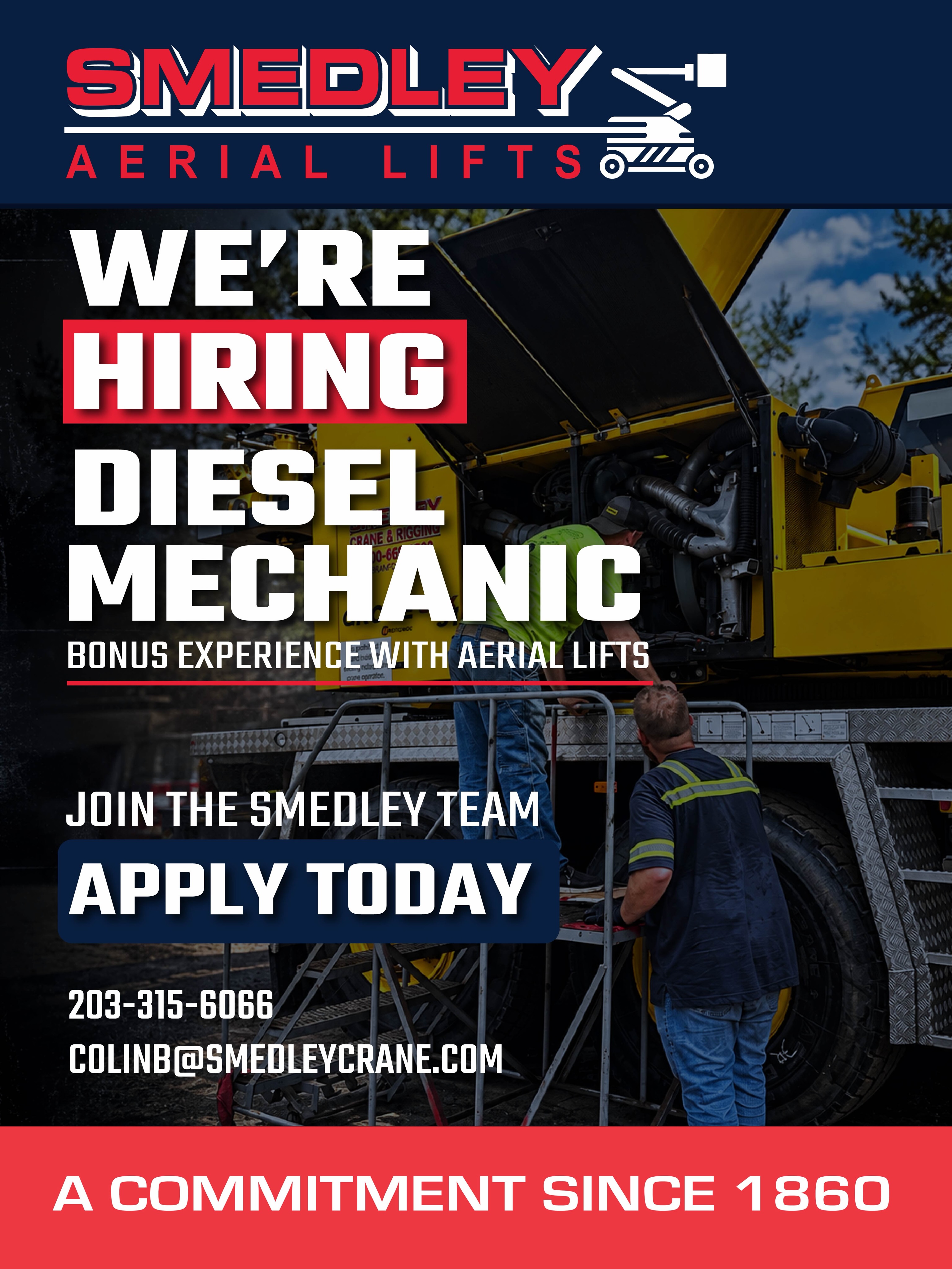 WE’RE HIRING: DIESEL MECHANIC 🔧🏗️
Smedley aerial is looking for an experienced Diesel Mechanic to join our team and help keep our fleet working as hard as we do.
This isn’t a job where you’ll be working on the same piece of equipment every day. Our fleet includes mobile cranes, heavy trucks, trailers, aerial lifts, and other specialized heavy equipment used on demanding commercial and industrial projects throughout Connecticut and the Northeast.
We’re looking for someone who knows their way around aerial lifts, diesel equipment, can troubleshoot problems, perform preventative maintenance and repairs, and takes pride in keeping equipment safe, reliable, and ready for the next job.
Experience working on aerial lifts is a main focus. Familiarity with hydraulics, electrical systems, diesel engines, heavy equipment, cranes and construction equipment is also valuable.
Smedley has been getting the job done since 1860, and we’re looking for another skilled professional who wants to become part of a long-established company and a hardworking team.
🔧 Diesel Mechanic
🏗️ Cranes & Heavy Equipment
⚙️ Preventative Maintenance & Repairs
⚡ Hydraulic & Electrical Troubleshooting
🦾 Aerial Lift Experience a Plus
📍 Branford, Connecticut
Think you’d be a good fit—or know someone who would be? Send us a message or contact Smedley today to learn more and apply.
📞 203-315-6066
🌐 smedleycrane.com
Please share this post with an experienced diesel or heavy equipment mechanic who may be looking for their next opportunity.
#WereHiring #DieselMechanic #DieselMechanicJobs #HeavyEquipmentMechanic #smedleycrane
