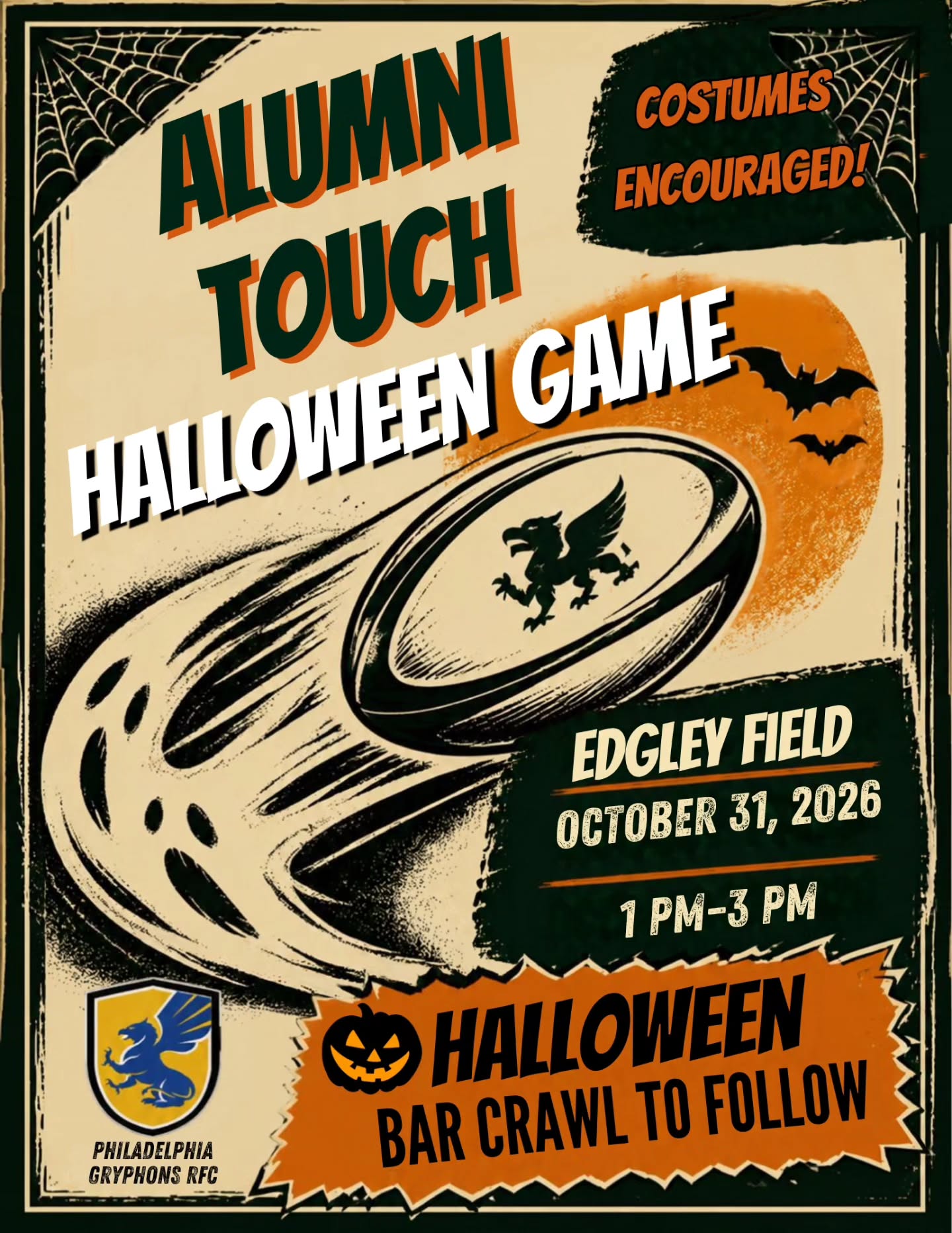 ๐จโ๏ธ Calling all alumni! The Philly Gryphons are hosting alumni touch rugby on October 31 from 1-3PM at Edgeley Field! (Set your GPS to Laurel Hill Mansion).
Costumes are encouraged and there's a Halloween bar crawl to follow. We look forward to seeing you there! #Rugby #Pride #Halloween