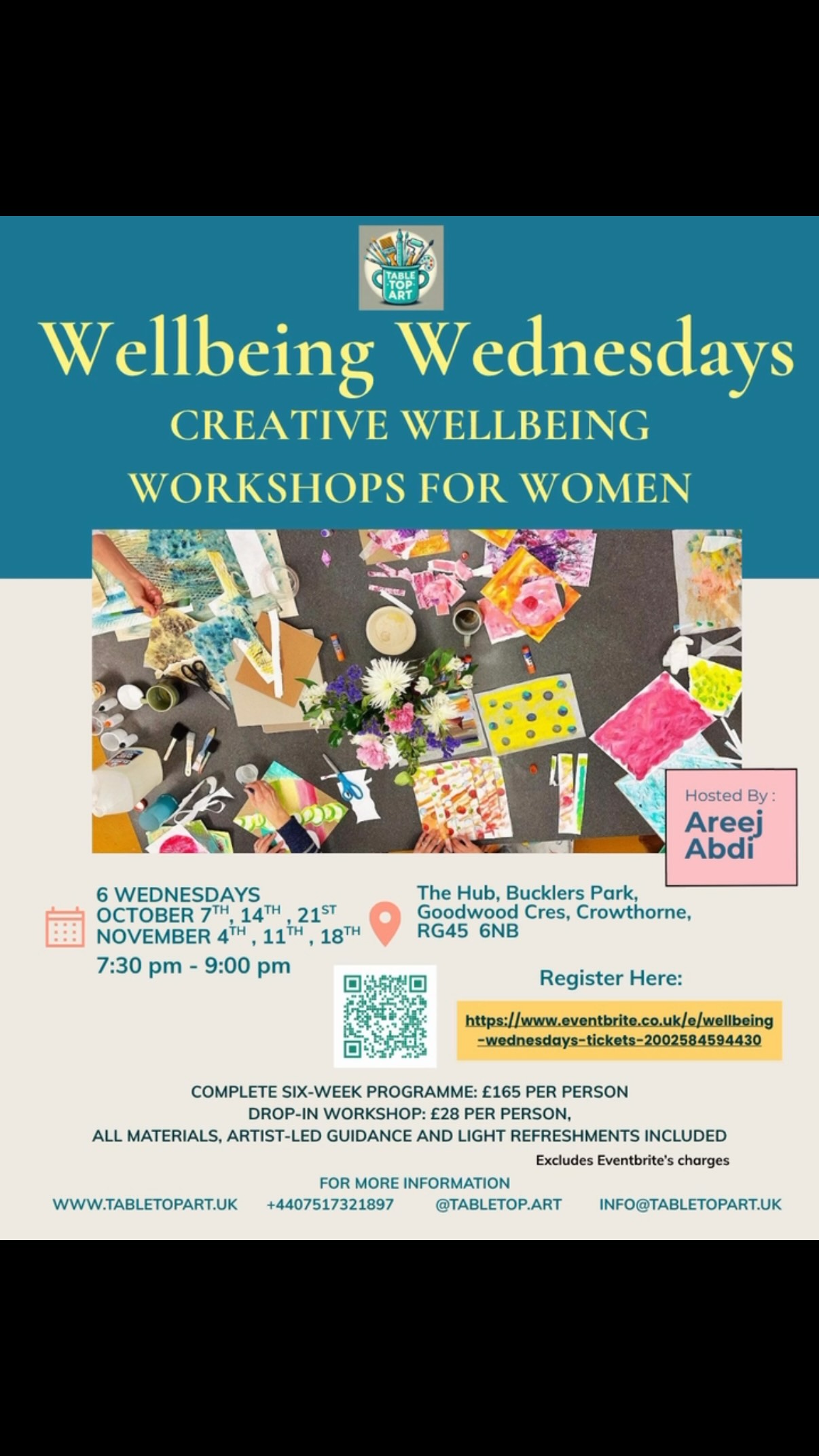✨ Welcome to Wellbeing Wednesdays ✨
A relaxed and friendly creative evening for women to come together, unwind and enjoy some time making art.
Bring a friend, sister, mum, daughter, colleague — or simply come along on your own and meet new people in a warm and welcoming space.
Each week we’ll explore a different creative activity, from mindful drawing and printmaking to clay, bookmaking and mixed media. Everything is designed to be enjoyable, accessible and suitable for complete beginners.
There’s no pressure to create something perfect — just come along, have a go, chat, relax and enjoy the process.
All materials included
Light refreshments
Beginner-friendly
Friendly and welcoming atmosphere
📍 Bucklers Park, Crowthorne
🗓 Wednesdays
⏰ 7:30–9:00pm
🎟 £28 per session
or £165 for the full six-week programme
Sometimes we all need a little time to pause, create and connect.
Come and spend your Wednesday evening with us. Info in bio.
#WellbeingWednesdays #CreativeWellbeing #ArtForWellbeing #CreativeCommunity #WomensWellbeing