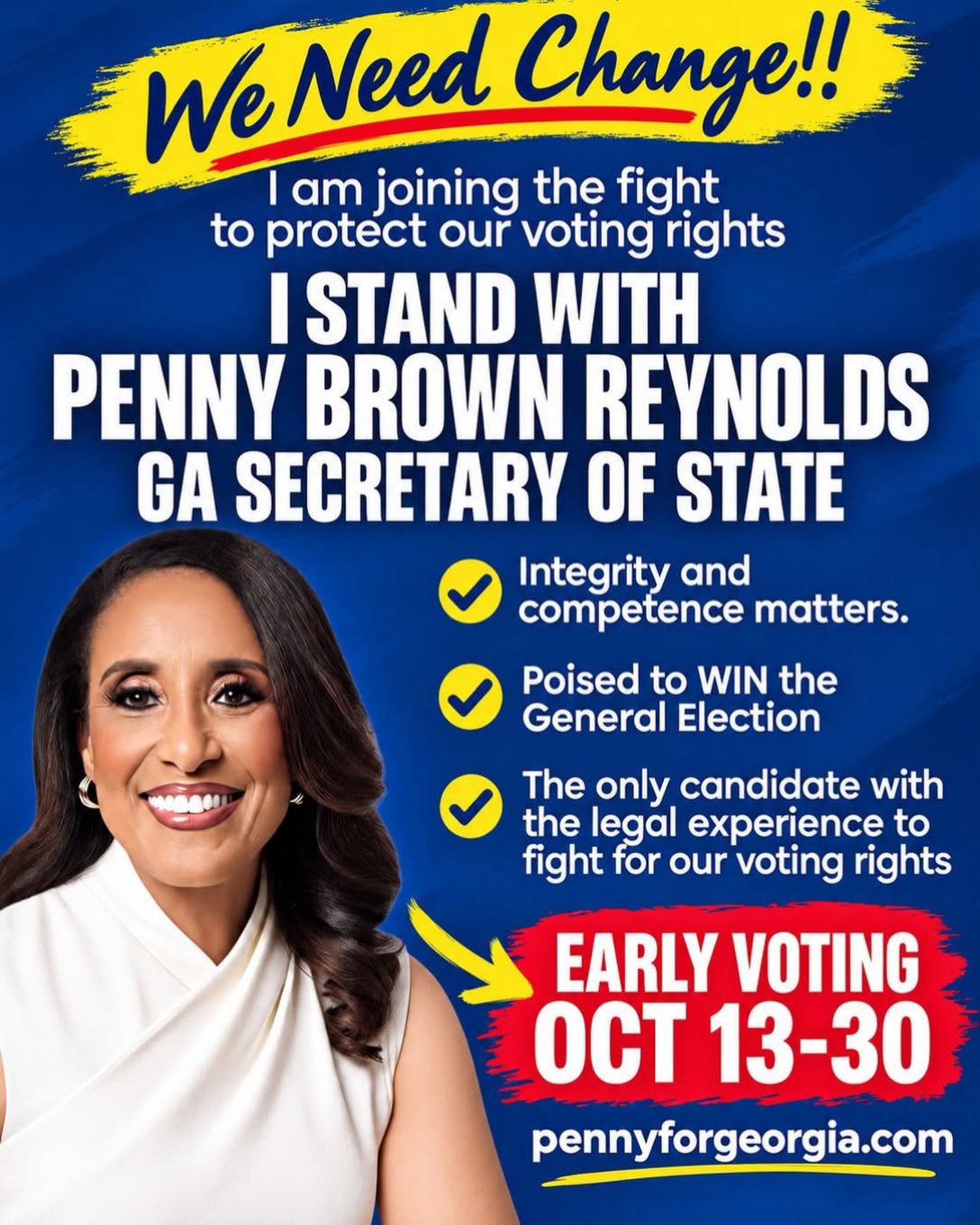 I’m voting 4 @judgepennyforga. She has integrity, intelligence, and a proven record. She’ll protect elections and our right to #vote 🗳️. Make a plan. VOTE. 🇺🇸