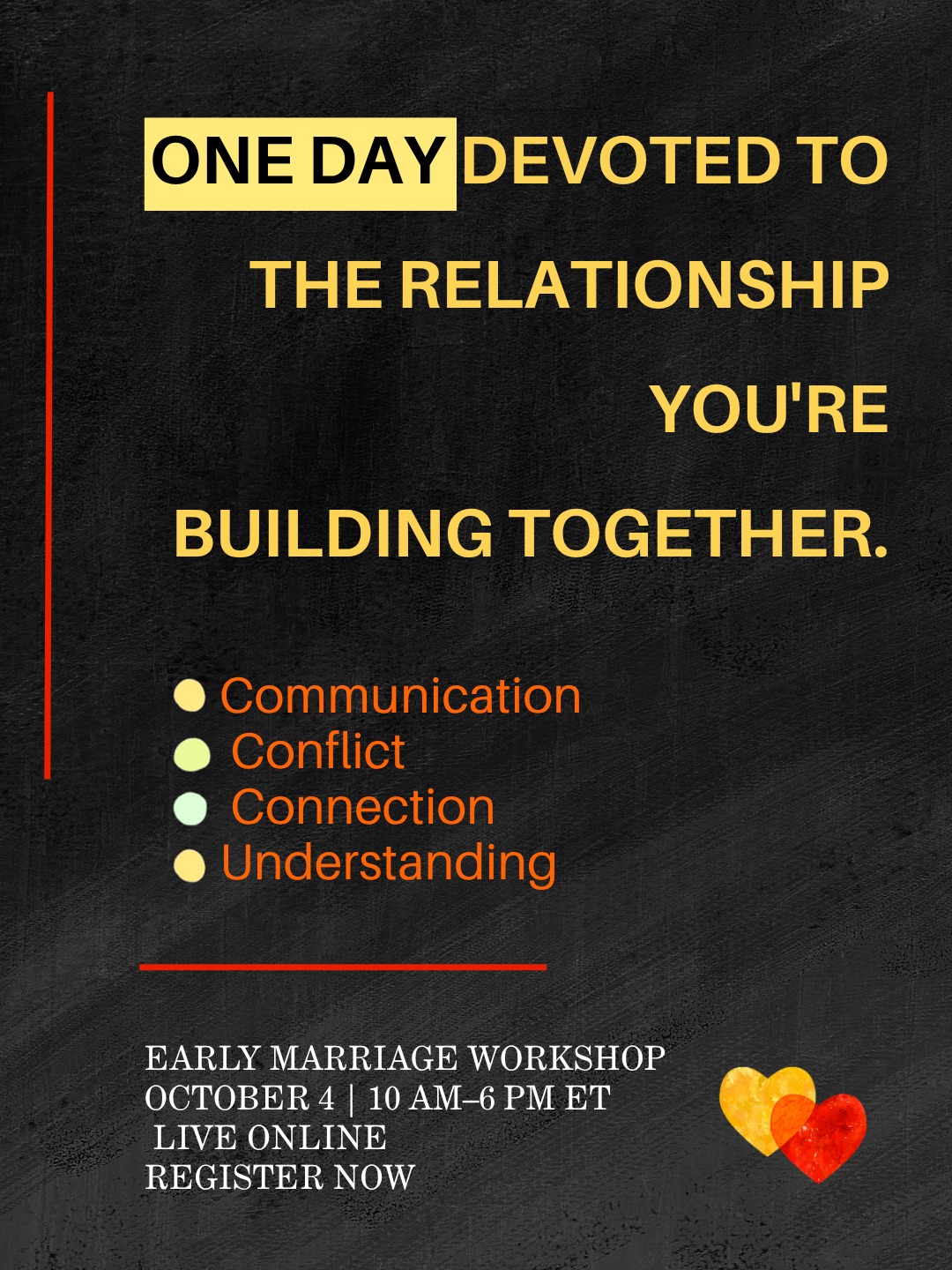 What could happen if you gave your relationship one day of your undivided attention?
On October 4, we'll spend the day talking about the things that can shape a relationship for years to come:
❤️ Communication
❤️ Conflict
❤️ Connection
❤️ Understanding one another
Not because something is wrong.
Because you're building something together and you'd like to build it well.
Early Marriage Workshop
📅 October 4
⏰ 10 AM–6 PM ET
💻 Live online
We're getting close, so if you've been thinking about joining us, now is the time.
Register for the workshop at the link in our bio.
#MarriageWorkshop #RelationshipSkills #HealthyRelationships