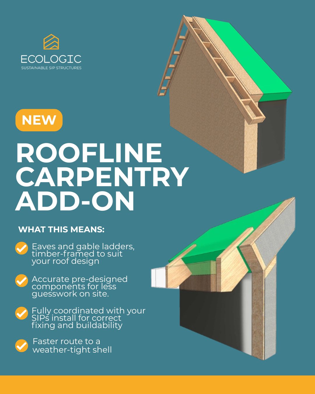 We're always looking for ways to make the build process simpler, more efficient and better coordinated for our clients.
That's why we've introduced our Roofline Carpentry Add-On.
Designed to work seamlessly with your SIP structure, our timber-framed eaves and gable ladders are tailored to your roof design and fully coordinated before installation begins.
Every project is supported by a project-specific detail produced by our in-house design team, giving everyone involved a clear understanding of what's included before work starts on site. The result? A smoother handover to the roofing contractor, fewer questions on site and a roofline that's designed to fit from day one.
It's another way we're helping take the complexity out of building, delivering more than just a SIP structure.
If you're planning a new build and would like to learn more about our coordinated add-on packages, we'd be happy to help.
#sips #roofconstruction #selfbuild #constructioninnovation #timberconstruction