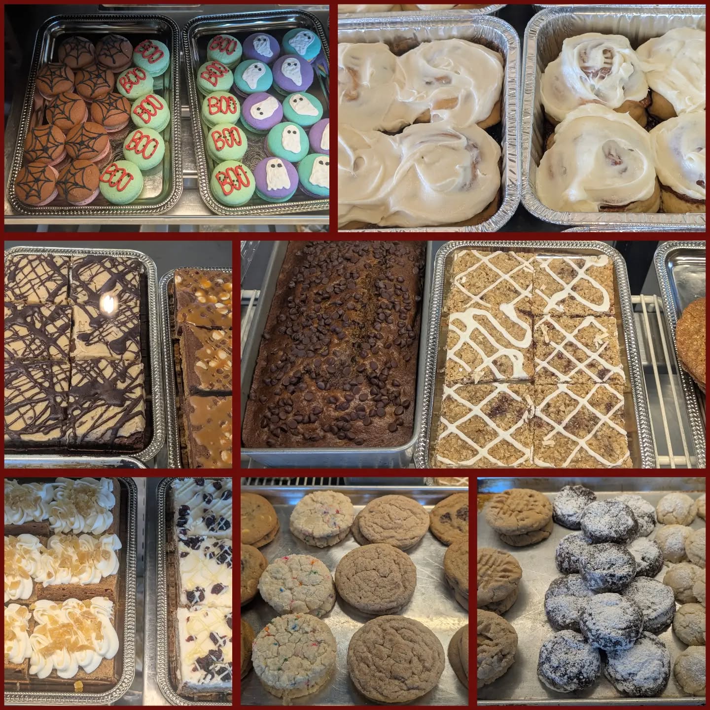 Happy Friday!!! What a beautiful day it is!!
We have a couple new items in our cases this week. Apple cinnamon rolls, oh my goodness, regular cinnamon rolls. We have a gingerbread bar topped with orange cream cheese and crystallized ginger.
Samoa cookie bars are back along with payday bars
Cookies; triple chocolate Chip, funfetti, snickerdoodle, brown butter caramel, peanut butter, crinkles, cardamom shortbread,
Gluten-free almond clouds and French macaroon
Bars; gingerbread, cranberry white chocolate, turtle , vanilla cheesecake, cookies and cream, s'mores, cherry cheese, lemon, billionaire, caramel butter, ultimate magic, Blondie, raspberry, cookie dough brownie and caramel pretzel brown
Cupcakes; vanilla, chocolate, Oreo, caramel, spice with brown sugar cinnamon, coconut and raspberry buttercream, double strawberry
Open until 6:00
630-553-8633