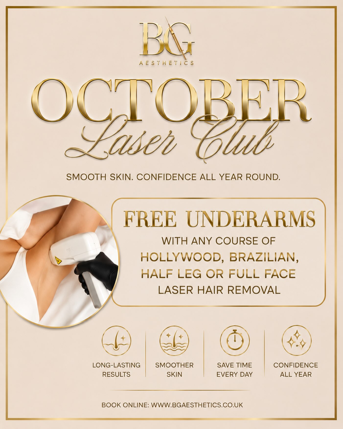✨ OCTOBER LASER CLUB ✨
Ready for smoother skin with less shaving? 🤍
This October, receive FREE UNDERARMS when you book a course of 6 of:
✨ Hollywood
✨ Brazilian
✨ Half Leg
✨ Full Face
We use 3D Trilogy Ice, an advanced triple-wavelength laser combining 755nm, 808nm & 1064nm to allow treatments to be tailored to different skin tones, hair types and depths — with advanced cooling for a more comfortable experience. ✨
6 treatments + 6 FREE underarm treatments = the perfect time to start your laser journey.
📍 BG Aesthetics, Maidstone
💻 Book online: www.bgaesthetics.co.uk
🌸 Pay in 3 with Klarna
T&Cs: New bookings only. Courses of 6 only. Patch test required at least 48 hours before treatment. Not suitable during pregnancy or breastfeeding. Suitability assessed at consultation.
#LaserHairRemoval #LaserMaidstone #aestheticsclinic #TrilogyIce