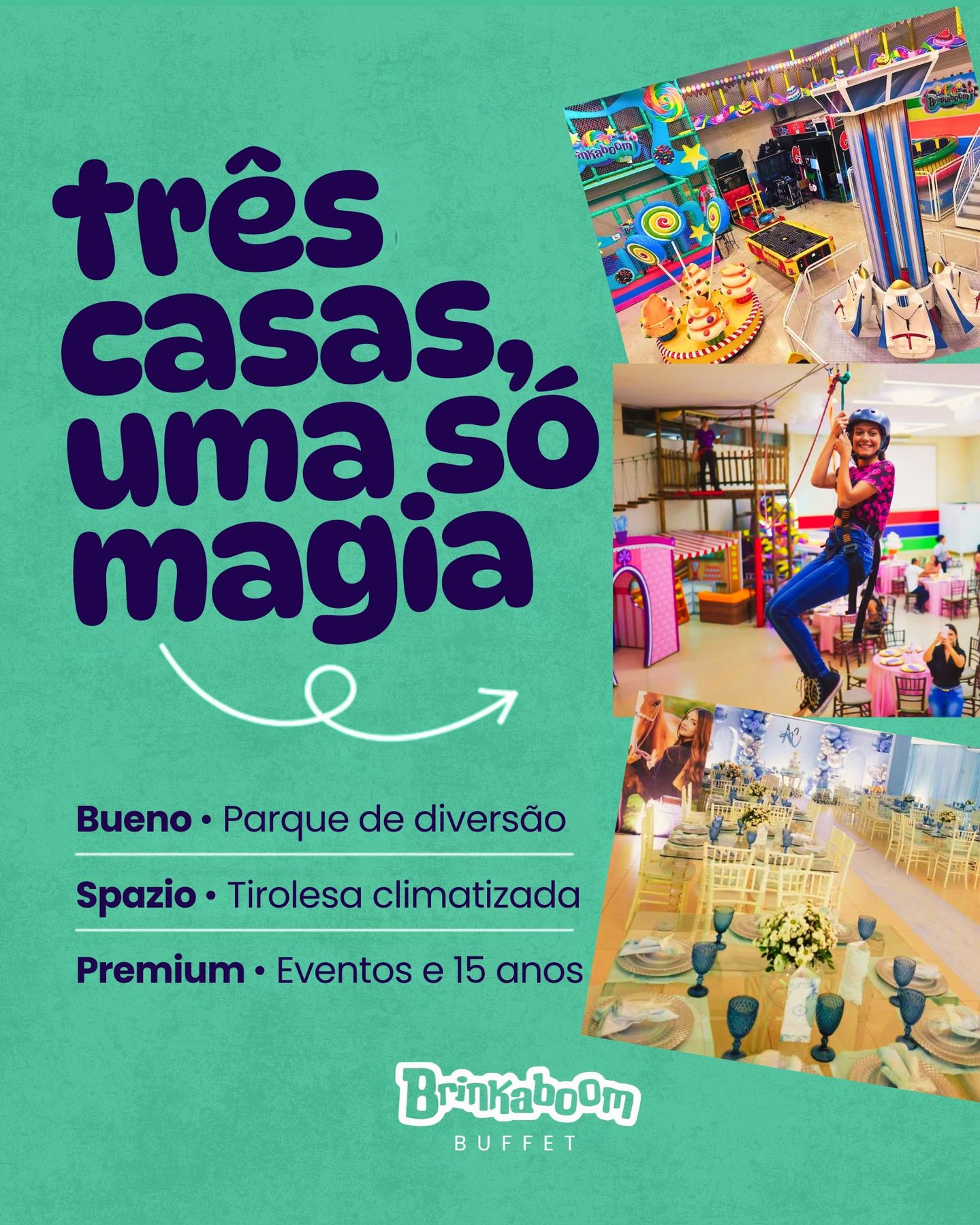 Uma marca, três casas, cada uma com o seu jeito de fazer festa. ✨
🎈 Bueno: parque de diversão completo, a nossa unidade pioneira.
🎈 Spazio: climatizada, com tirolesa e área baby.
🎈 Premium: eventos, 15 anos e festas com entrada triunfal.
Não sabe qual combina mais com a sua festa? Conta pra gente a idade, o número de convidados e o estilo que você imagina, que a gente te ajuda a escolher.
💬 Chama no WhatsApp pelo link da bio.
