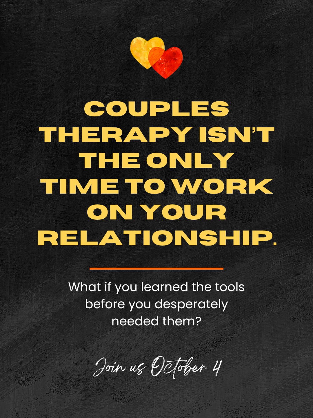 Tomorrow. ❤️
Couples therapy isn't the only time to work on your relationship.
What if you learned some of the tools before you desperately needed them?
Tomorrow, we're bringing couples together for a full day devoted to communication, connection, conflict, and better understanding one another.
You don't need to arrive with a crisis.
You don't need to have everything figured out.
You just need to be willing to spend a day investing in the two of you.
Early Marriage Workshop | October 4 | 10 AM–6 PM ET | Live online
There's still time to join us.
Grab your spot here
#MarriageTips #CouplesWorkshop #RelationshipGoals
