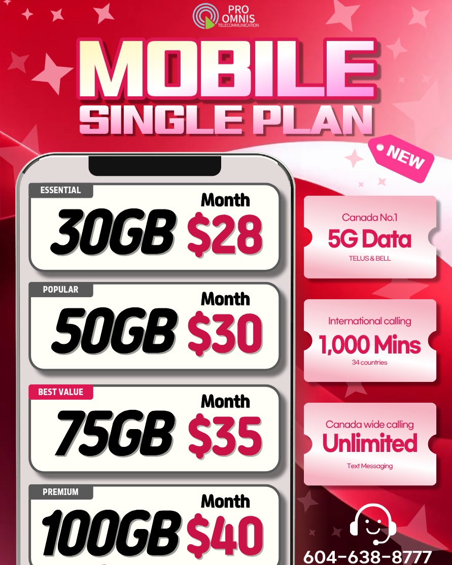 ๐ฅ OCTOBER MOBILE BIG DEAL ๐ฑ
More data, better value!
Get 30GB starting at just $28/month with PRO OMNIS. ๐ฅ
๐ฑ 30GB, $28/mo
๐ฑ 50GB, $30/mo
โญ 75GB, $35/mo | BEST VALUE
๐ฑ 100GB, $40/mo
All plans include,
โ๏ธ TELUS & BELL networks
โ๏ธ Unlimited Canada-wide calling
โ๏ธ International texting
โ๏ธ 1,000 international calling minutes to 34 countries
โจ New activations
๐ Keep your number & switch
๐ฒ Plan changes available
Make the switch this October! ๐
๐ 604-638-8777
๐ง info@proomnis.ca
๐ proomnistelecom.ca
๐ฒ Contact us on KakaoTalk: "PROOMNIS" today!
#PROOMNIS #Internet #InternetDeals #Vancouver #Burnaby #Canada #HomeInternet #FallPromotion #NewCustomer #HighSpeedInternet #WiFi