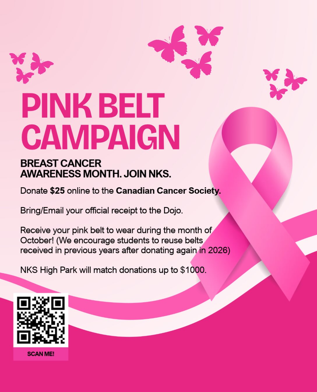 It’s Breast Cancer Awareness Month!
Donate $25 online to the Canadian Cancer Society.
Bring/Email your receipt to the Dojo.
Receive your pink belt to wear during the month of October!
NKS High Park will match donations up to $1000.
———
#breastcancerawareness #northernkarate #breastcancer #foryou