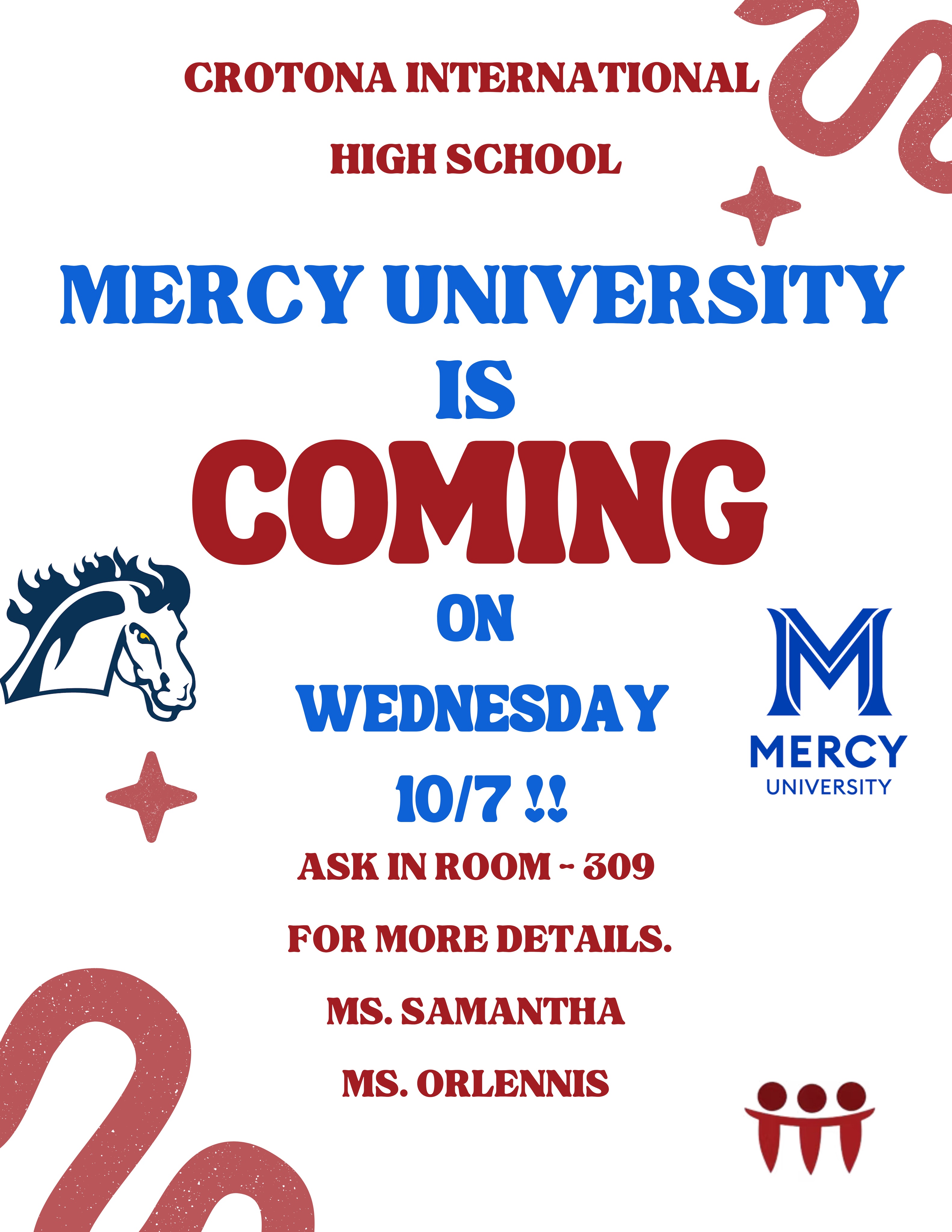 ๐ Mercy University is coming to Crotona International High School this Wednesday!๐
Are you starting to plan for college/university, curious about degree programs, or wanting to learn more about the application process? Don't miss this opportunity to connect directly with Mercy University representatives right here on campus!
๐ How to get more information:
Stop by Room 309
Ms. Samantha
Ms. Orlennis
Tag a classmate who needs to stop by, and save this post as a reminder! ๐
#CrotonaHighSchool #MercyCollege #CollegeBound #NYCPublicSchools #CollegeVisit #FutureReady #HighSchoolGuidance