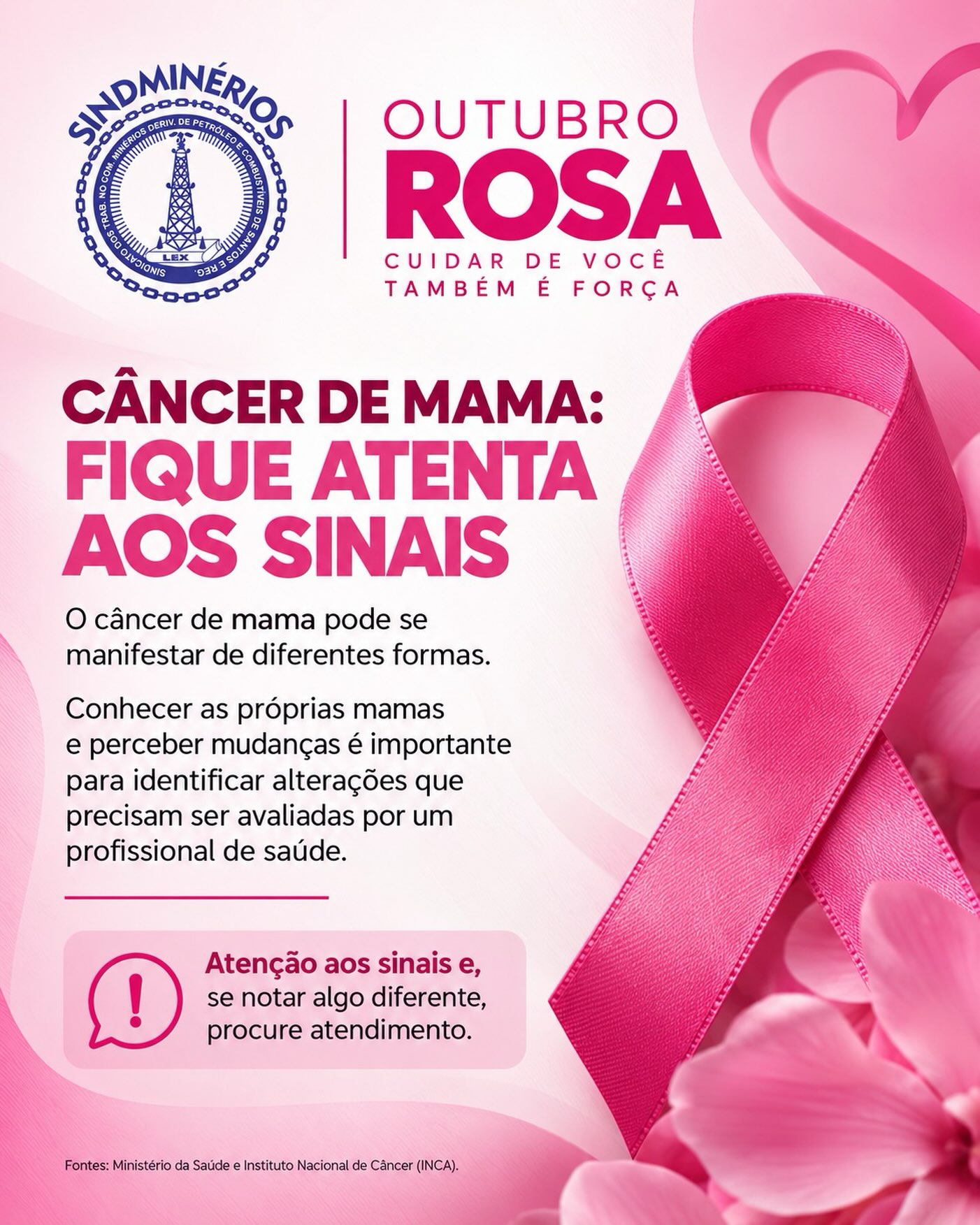 🩷 Outubro Rosa é tempo de atenção, cuidado e prevenção.
Conhecer o próprio corpo e perceber mudanças pode fazer a diferença. Ao notar algo diferente nas mamas, procure um profissional de saúde.
O SINDMINÉRIOS apoia essa causa. Cuidar de você também é força!
#OutubroRosa #Prevenção #SaúdeDaMulher