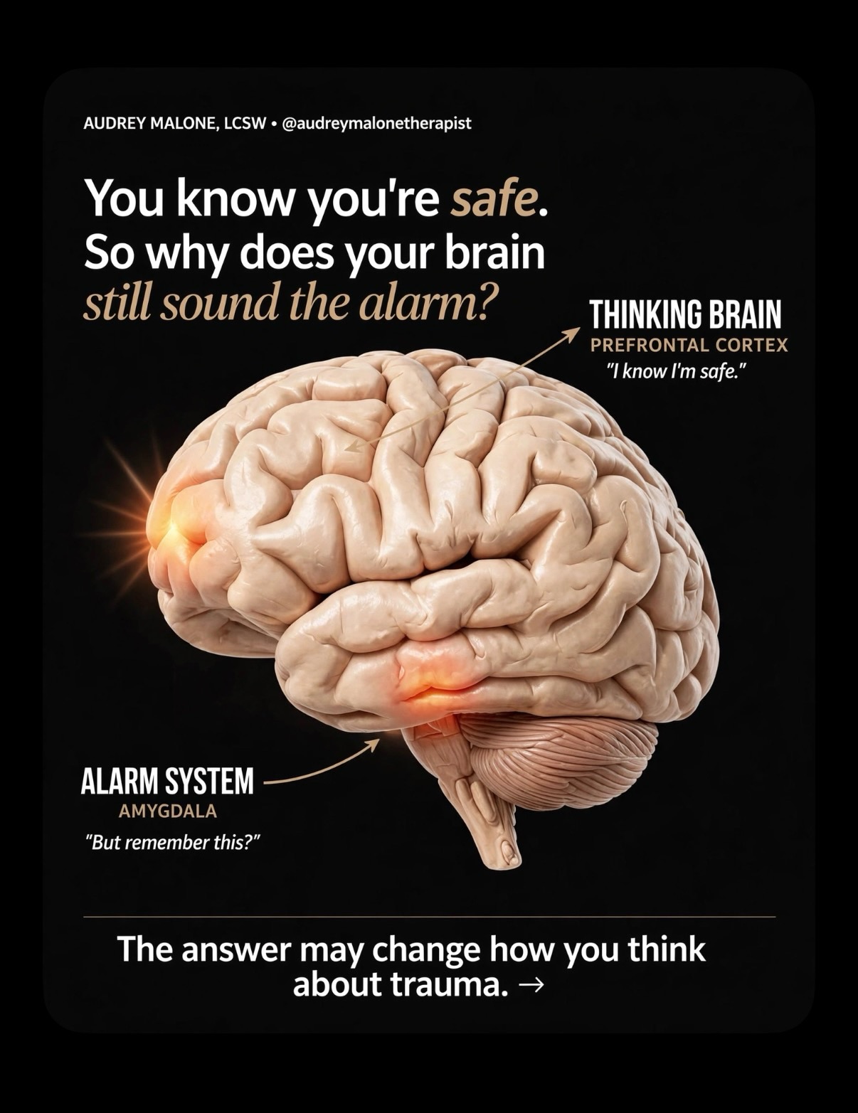 You know you’re safe.
So why does your brain still sound the alarm?
Your thinking brain (prefrontal cortex) says: “I know I’m safe now.”
Your alarm system (amygdala) says: “But remember this?”
It’s not because you’re weak.
It’s not because you haven’t done enough work.
It’s because trauma isn’t just stored as a story — it’s stored as a felt sense in the nervous system. Your body can keep reacting as if the threat is still here, even when your logical brain knows it’s not.
This is why you can understand what happened and still feel the alarm.
What if you could remember it... without reliving it?
That’s where ART comes in.
Accelerated Resolution Therapy uses guided eye movements and imagery while working with distressing memories. It’s not about forgetting what happened — it’s about helping your brain file it differently, so the alarm doesn’t have to stay on so loud.
Curious about ART? Follow along — I’m sharing more about how it works and who it helps.
Save this for the days you need the reminder: same brain, different signals. Healing is possible.
Audrey Malone, LCSW
—
*Educational purposes only, not therapy. If you need support, please reach out to a qualified provider in your area.*
#traumahealing #mentalhealth #acceleratedresolutiontherapy #nervoussystemregulation #trauma