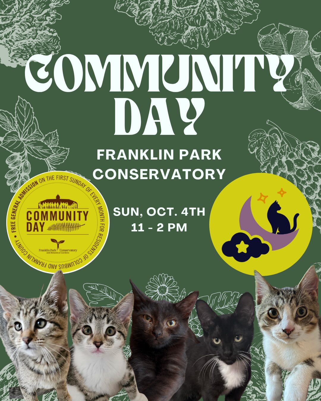 Today we are at @fpconservatory for Community Day! 🫶 We will be there from 11-2p! Come say hi and learn of the many ways you can help save kitties in our community. ✨🐱