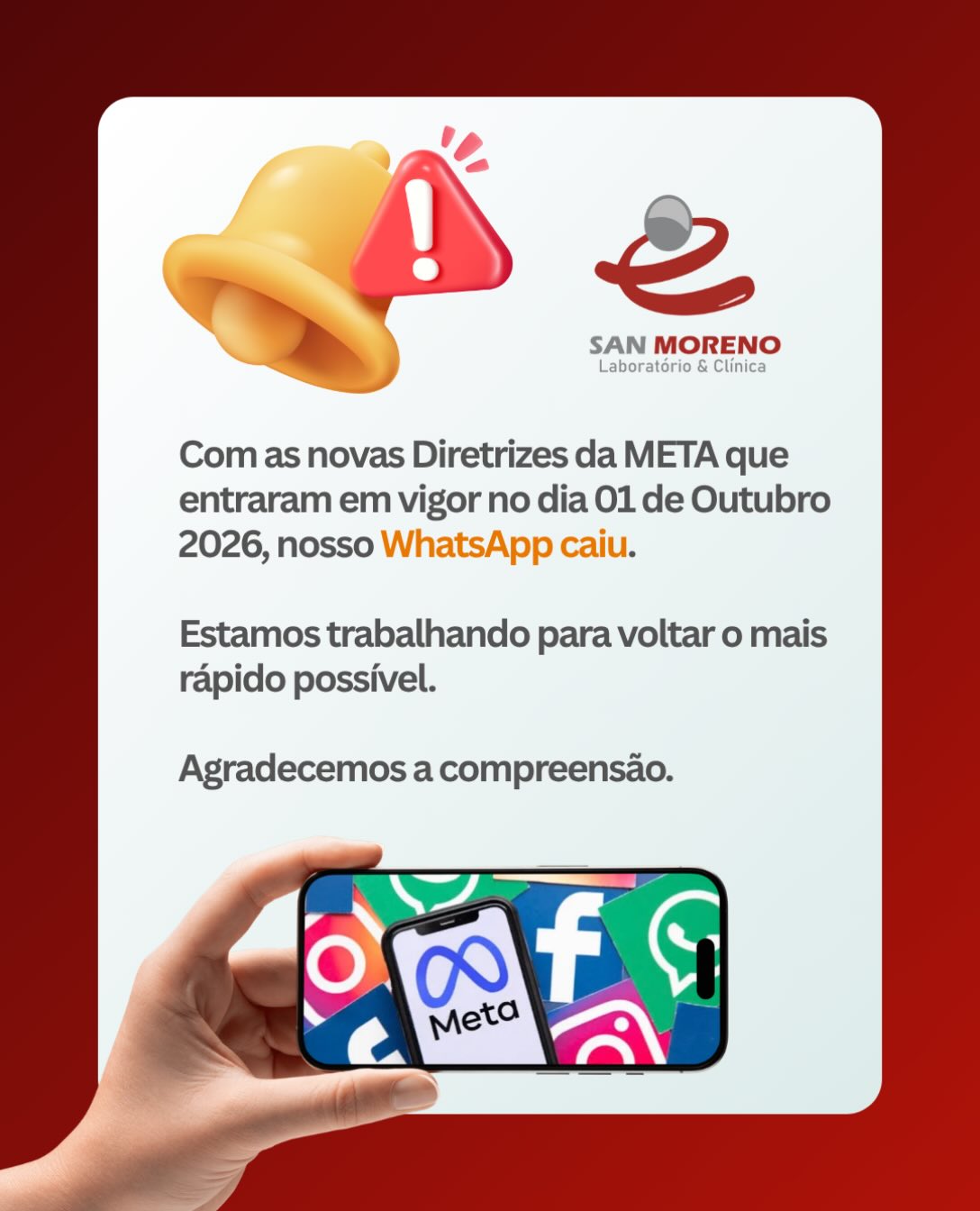 Estamos trabalhando para retomar nossas atividades no WhatsApp o quanto antes.