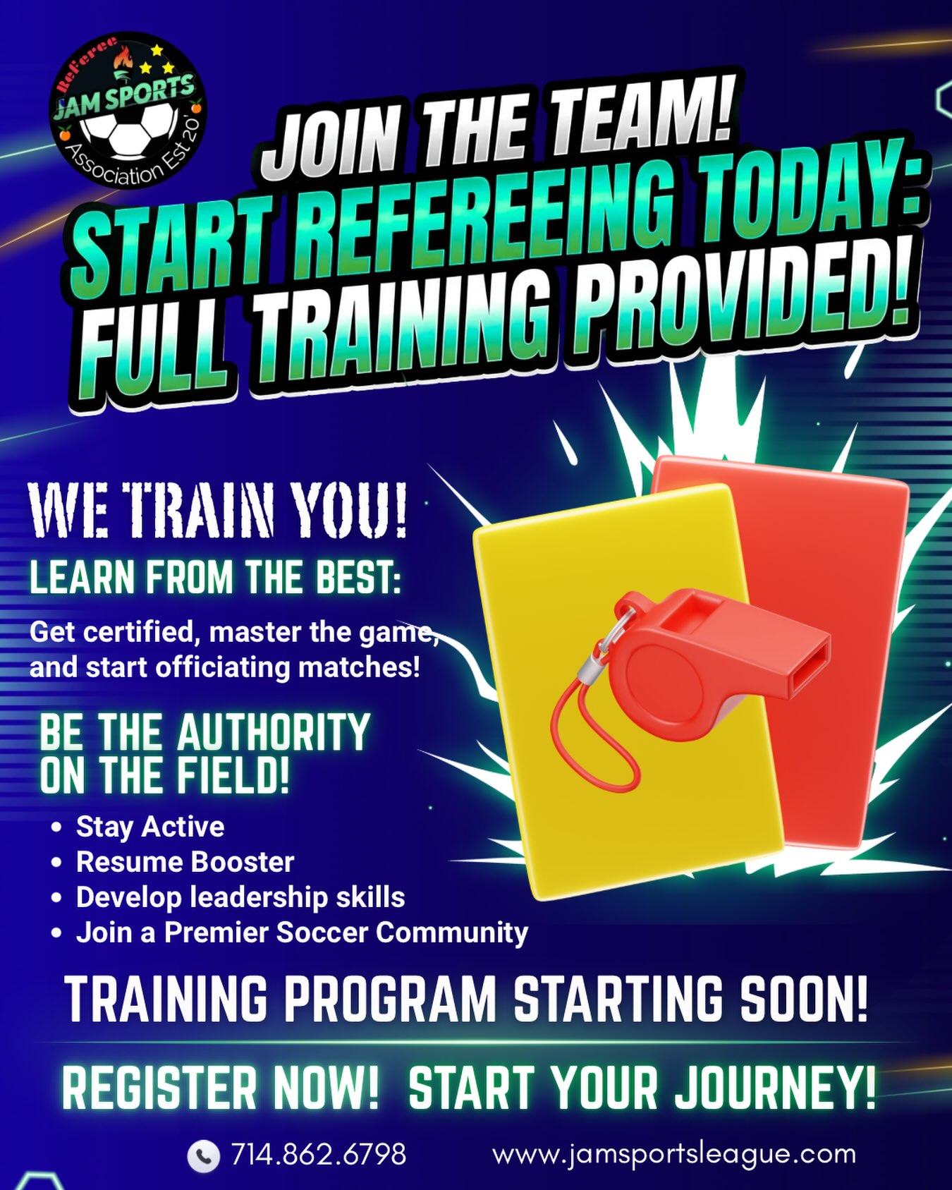 🚨 JAM SPORTS IS LOOKING FOR REFEREES! 🚨
⚽️ READY TO TAKE THE FIELD?
Join the Jam Sports referee team and START REFEREEING TODAY!
💪 FULL TRAINING PROVIDED!
We’ll train you, help you get certified, and teach you what you need to know to officiate the game with confidence.
🔥 WHY BECOME A REFEREE?
✅ Stay Active
✅ Build Your Resume
✅ Develop Leadership Skills
✅ Learn the Game
✅ Join a Premier Soccer Community
✅ Get Paid While Doing Something You Love!
📚 TRAINING PROGRAM STARTING SOON!
📲 REGISTER NOW & START YOUR JOURNEY!
☎️ 714-862-6798 or 949) 392-0136
🌐 jamsportsleague.com
Tag someone who would make a great referee! 👇⚽️
#JamSports #SoccerReferee #RefereeTraining #Soccer #SoccerLife SoccerCommunity BecomeAReferee YouthSoccer AdultSoccer OCSoccer SantaAna OrangeCounty SoccerJobs RefereeLife