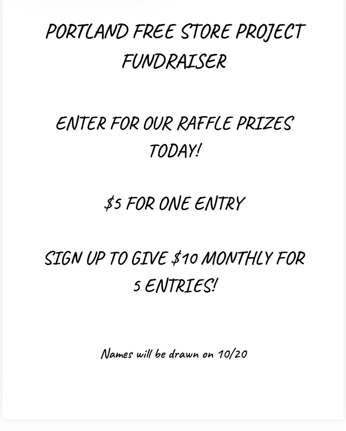Raffle prizes donated by the community! Purchase tickets online or in the store. Open Tuesdays 10-2 and Saturday Oct 17, 10-2.
