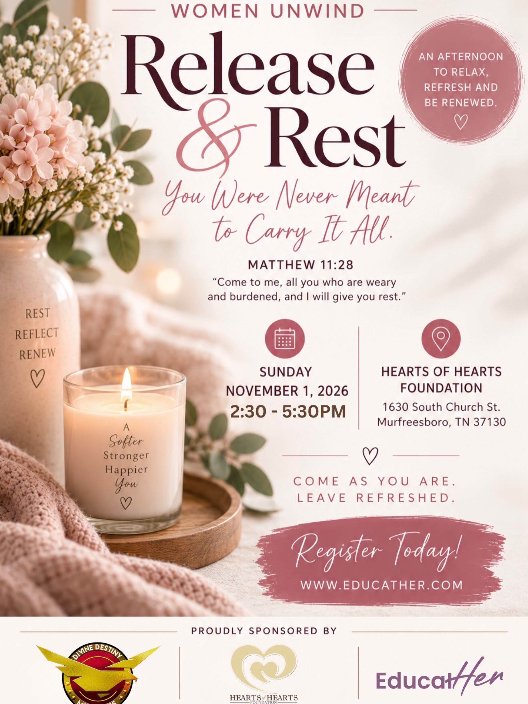 Release & Rest! 💕
You Were Never Meant to Carry It All.🙏🏽🙌🏽
We would like to invite the ladies out to a night of rest and relaxation. This event is totally free, but seats are limited. Register today! Link in bio.
Thank you to our sponsors @ddmboro @theheartsofheartsfoundation and @2educather
#womeninspiringwomen #womenrelaxation #womenpouringintowomen #rest