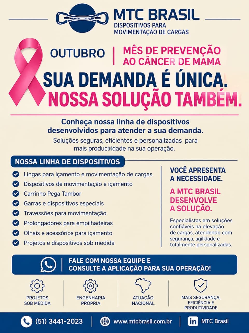 Outubro Rosa: na indústria ou na vida, cuidar de quem move a sua operação é prioridade absoluta.
🏗️💗Neste mês de conscientização, a MTC Brasil reforça o compromisso que guia nossa engenharia todos os dias: a segurança em primeiro lugar.
Projetamos e fabricamos dispositivos especiais sob medida para garantir que cada içamento seja sinônimo de proteção e produtividade.
Leve o máximo de confiabilidade técnica para o seu chão de fábrica:
Balancins e Ganchos robustos e certificados.
Tenazes e Acessórios desenvolvidos para risco zero na movimentação.
Soluções customizadas para os desafios mais complexas da sua engenharia.
Proteja o patrimônio mais valioso da sua empresa: as pessoas.
🎯🔗 Quer elevar o padrão de segurança da sua operação neste mês?
Entre em contato e fale direto com a nossa equipe de engenharia!