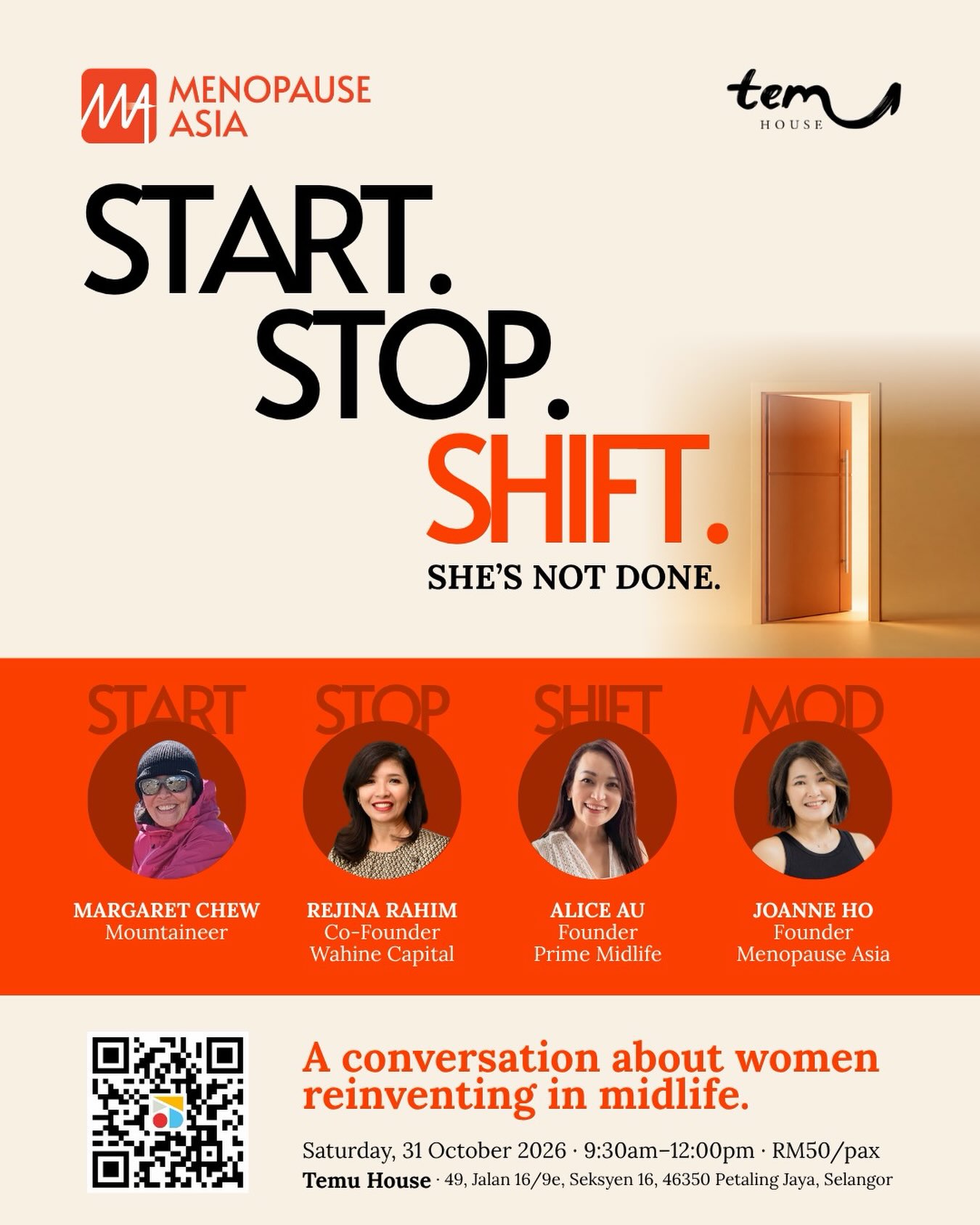 𝐓𝐢𝐜𝐤𝐞𝐭𝐬 𝐚𝐫𝐞 𝐨𝐩𝐞𝐧.
On Saturday, 31 October, Menopause Asia and Temu House are bringing together three women for a conversation about reinventing in midlife. Hosted and moderated by Joanne Ho, founder of Menopause Asia.
𝐌𝐚𝐫𝐠𝐚𝐫𝐞𝐭 𝐂𝐡𝐞𝐰 represents 𝐒𝐓𝐀𝐑𝐓. A mountaineer in her 50s, she decided there was still a mountain worth attempting, and in 2026 she set out for Everest, a reminder that 𝑠𝑡𝑎𝑟𝑡𝑖𝑛𝑔 𝑠𝑜𝑚𝑒𝑡ℎ𝑖𝑛𝑔 𝑛𝑒𝑤 𝑑𝑜𝑒𝑠𝑛’𝑡 𝑐𝑜𝑚𝑒 𝑤𝑖𝑡ℎ 𝑎𝑛 𝑒𝑥𝑝𝑖𝑟𝑦 𝑑𝑎𝑡𝑒.
𝐑𝐞𝐣𝐢𝐧𝐚 𝐑𝐚𝐡𝐢𝐦 represents 𝐒𝐓𝐎𝐏. After nearly three decades building a career, and then a company, in financial empowerment, she made the harder call, closing a chapter deliberately rather than holding on past its time.
𝐀𝐥𝐢𝐜𝐞 𝐀𝐮 represents 𝐒𝐇𝐈𝐅𝐓. She changed careers, moved countries, and went through a divorce, several of the biggest upheavals a life can hold, all within the same stretch of years. Her story is about what it takes to rebuild when everything shifts at once.
This event lands during 𝐌𝐞𝐧𝐨𝐩𝐚𝐮𝐬𝐞 𝐀𝐰𝐚𝐫𝐞𝐧𝐞𝐬𝐬 𝐌𝐨𝐧𝐭𝐡, and it’s a reminder of what this season of life is actually about: women deciding, 𝑜𝑛 𝑡ℎ𝑒𝑖𝑟 𝑜𝑤𝑛 𝑡𝑒𝑟𝑚𝑠, what they’re starting, stopping, and shifting into next.
Thirty seats only. RM50 per pax, light breakfast included and tea from @rhymbahills - Tickets in bio.
#SeenAtMidlife #MenopauseAsia #MenopauseAwareness #WomensHealth #MidlifeWomen