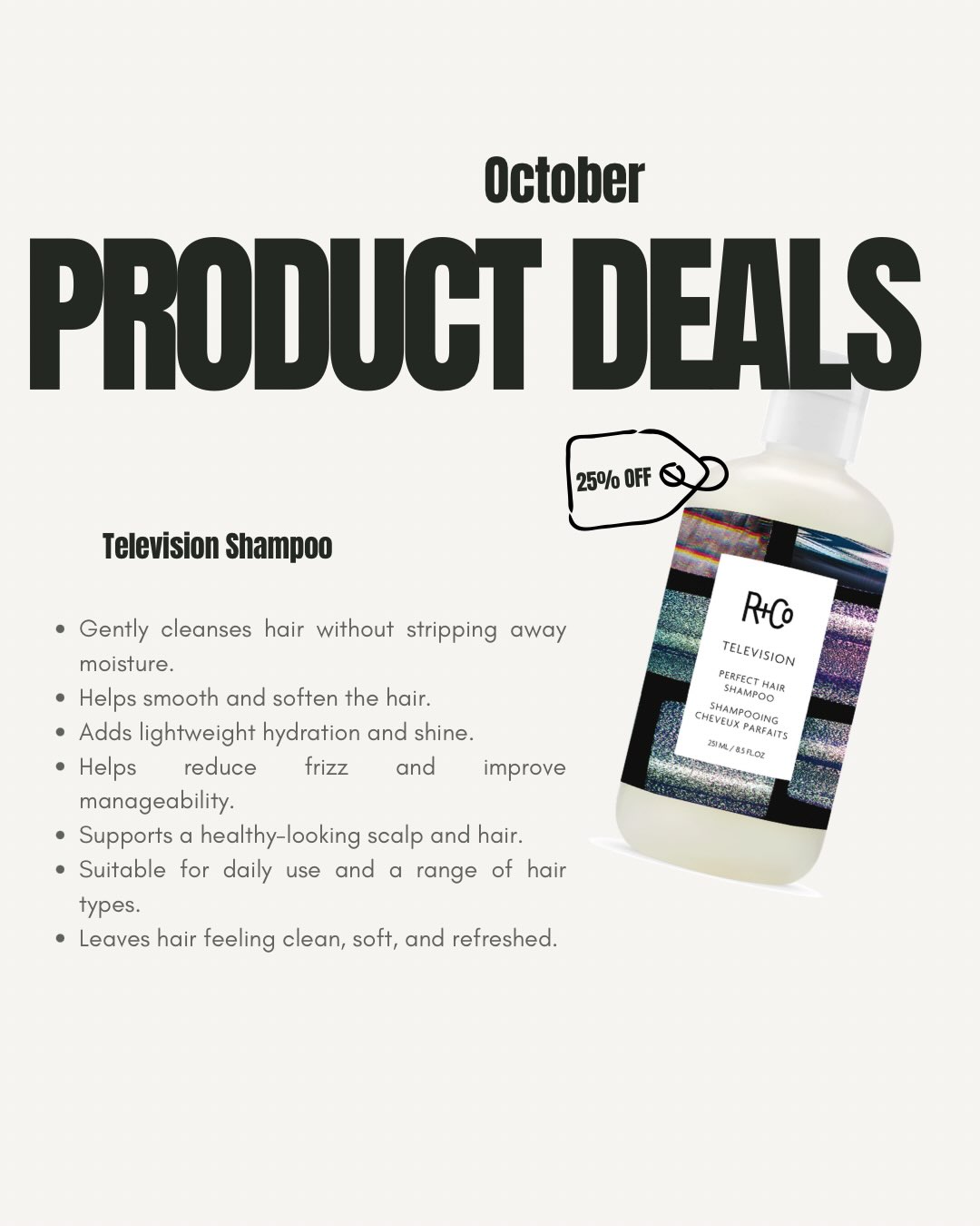 🎃✨ OCTOBER DEAL ✨🎃
Products of the month ✨Stylist Editon✨
•Abby- Television Shampoo from R+CO
•Avery- Hypersonic Heat styling Spray from Bleu
25% off all October long, grab yours today! 🤍👻
#chandlerhairstylist #azhairstylist #azhairsalon #sohohairbar #randco
