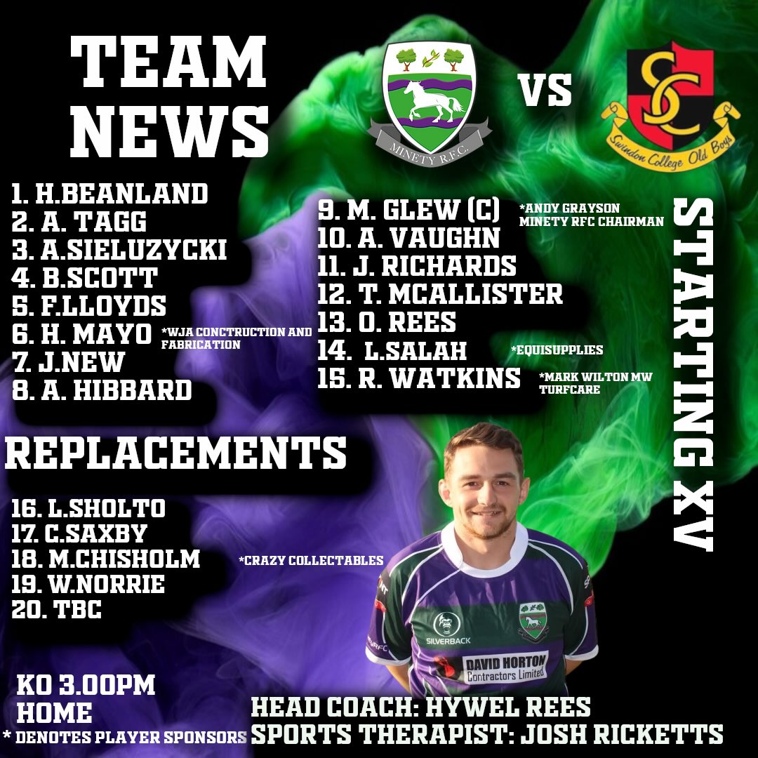 🏉💜💚 MATCHDAY! 💚💜🏉
It’s time to get behind the Minety boys as we take on Swindon College Old Boys!
💜 MINETY RFC 🆚 SWINDON COLLEGE OLD BOYS 💚
Expect big hits, big tackles and plenty of rugby! 💪🏉
🟣🟢 PURPLE & GREEN — ONE TEAM, ONE CLUB! 🟢🟣
Get down, get loud and show the lads your support! 📣
COME ON MINETY! 💜💚