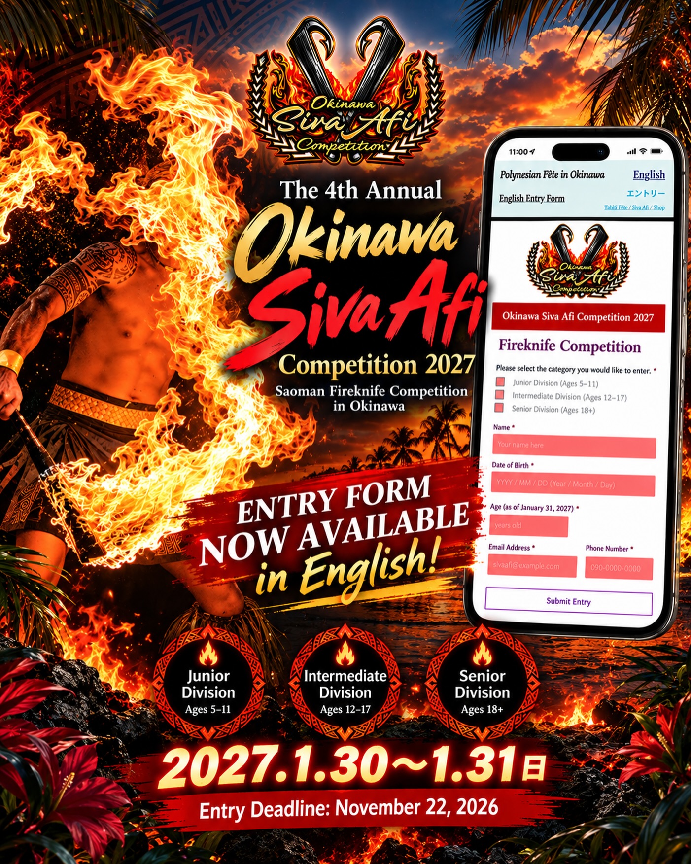 Polynesian Fête in Okinawa🇯🇵
We’re excited to announce that the English Entry Form for Polynesian Fête in Okinawa 2027 is now available! 🌴✨
Competitors from Japan and around the world are welcome to join us in Okinawa! 🌏
🏝️ Tahiti Fête in Okinawa 2027
ʻOri Tahiti Solo Competition
Solo Mehura Competition
Duo Competition
Group Competition
Solo Exhibition
Group Exhibition
🔥 Okinawa Siva Afi Competition 2027
Junior Division — Ages 5–11
Intermediate Division — Ages 12–17
Senior Division — Ages 18+
📅 January 30–31, 2027
📍 Okinawa, Japan
⏰ Entry Deadline: November 22, 2026
The English event information and entry forms are now available on our official website.
🔗 Please visit the link in our Instagram bio and select “English.”
We are looking forward to welcoming dancers and competitors from all over the world to Okinawa! 🌺🌊🔥
See you in Okinawa!
#sivaafi #fireknife #samoa #okinawa #japan