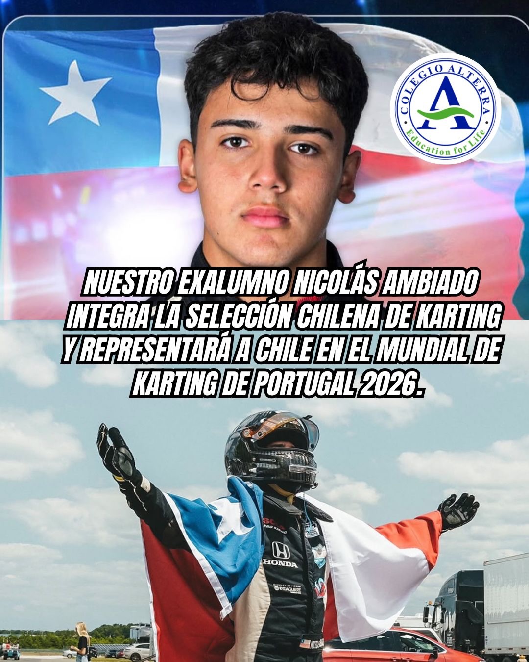 🏁🇨🇱 ¡ORGULLO DE NUESTRA COMUNIDAD EDUCATIVA!
Felicitamos con mucho orgullo a nuestro exalumno Nicolás Ambiado, quien integra la Selección Chilena de Karting y representará a nuestro país en el Mundial de Karting de Portugal 2026.
Celebramos este gran logro y el camino que Nicolás ha construido con esfuerzo, dedicación y pasión por el deporte.
¡Mucho éxito, Nicolás! Todo nuestro colegio estará alentándote en este gran desafío internacional. 🇨🇱
#OrgulloColegio #NicolásAmbiado #SelecciónChilena #Karting