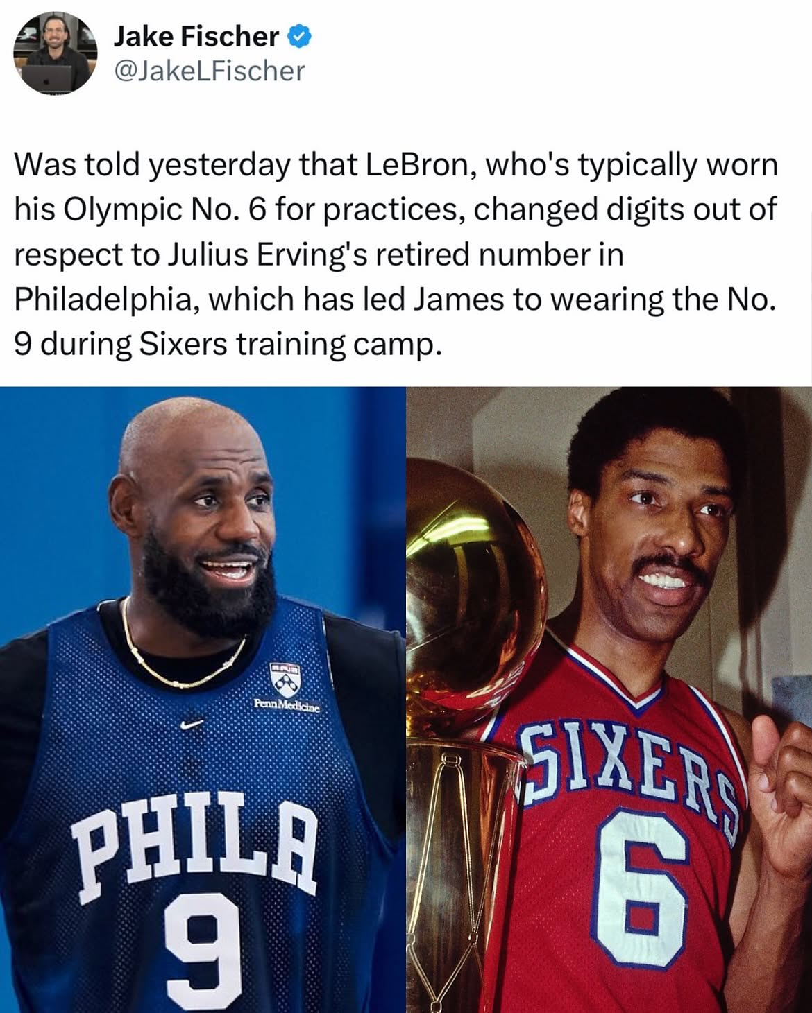 Per Jake Fischer, LeBron James switched from his usual Olympic No. 6 to No. 9 at Sixers training camp out of respect for Julius Erving, whose No. 6 is retired in Philadelphia. 👑9️⃣
Respecting the legends. 🫡
#LeBronJames #Lakers #NBA #Sixers