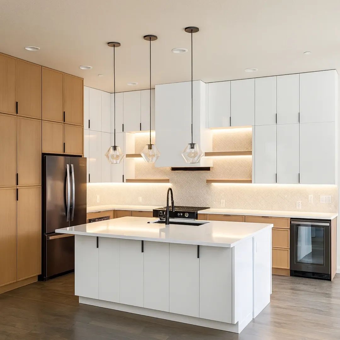 What a difference light, warmth, and modern layout design can make! ✨
Swipe to see the BEFORE ➡️ of this recent kitchen transformation in Louisville!
We replaced dark, heavy upper cabinets and dated mosaic tile with a bright, modern organic aesthetic featuring:
🪵 Flat-Panel White Oak & High-Gloss Uppers: Blending natural wood tones with crisp, ceiling-height flat panels for a seamless look.
💡 Integrated LED Lighting: Warm under-cabinet task lighting and open floating shelves that illuminate the geometric tile backsplash.
🍷 Functional Entertaining Zone: Integrated beverage cooler, clean white quartz island with matte black accents, and modern glass pendant lighting.
Thinking about opening up your kitchen layout or updating your cabinetry this season? Drop us a DM or head to alpinedesignremodel.com to chat with our team!