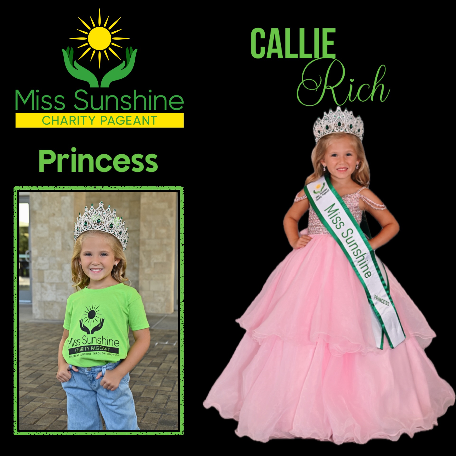 👑 Princess Callie Rich
☀️👑 WELCOME TO THE SUNSHINE FAMILY, PRINCESS CALLIE! 👑☀️
Please join us in congratulating our brand-new Miss Sunshine Charity Pageant Princess, Callie Rich! 💛✨
We are so excited to welcome Callie to our 2026–2027 Royalty and can’t wait to see all the sunshine, kindness, and joy she brings to her year!
Congratulations, Princess Callie! We are so happy to have you as part of our Sunshine Family! 👑☀️💚
#MissSunshineCharityPageant #PrincessCallie #NewRoyalty #QueensWithPurpose #SpreadingSunshineThroughKindness