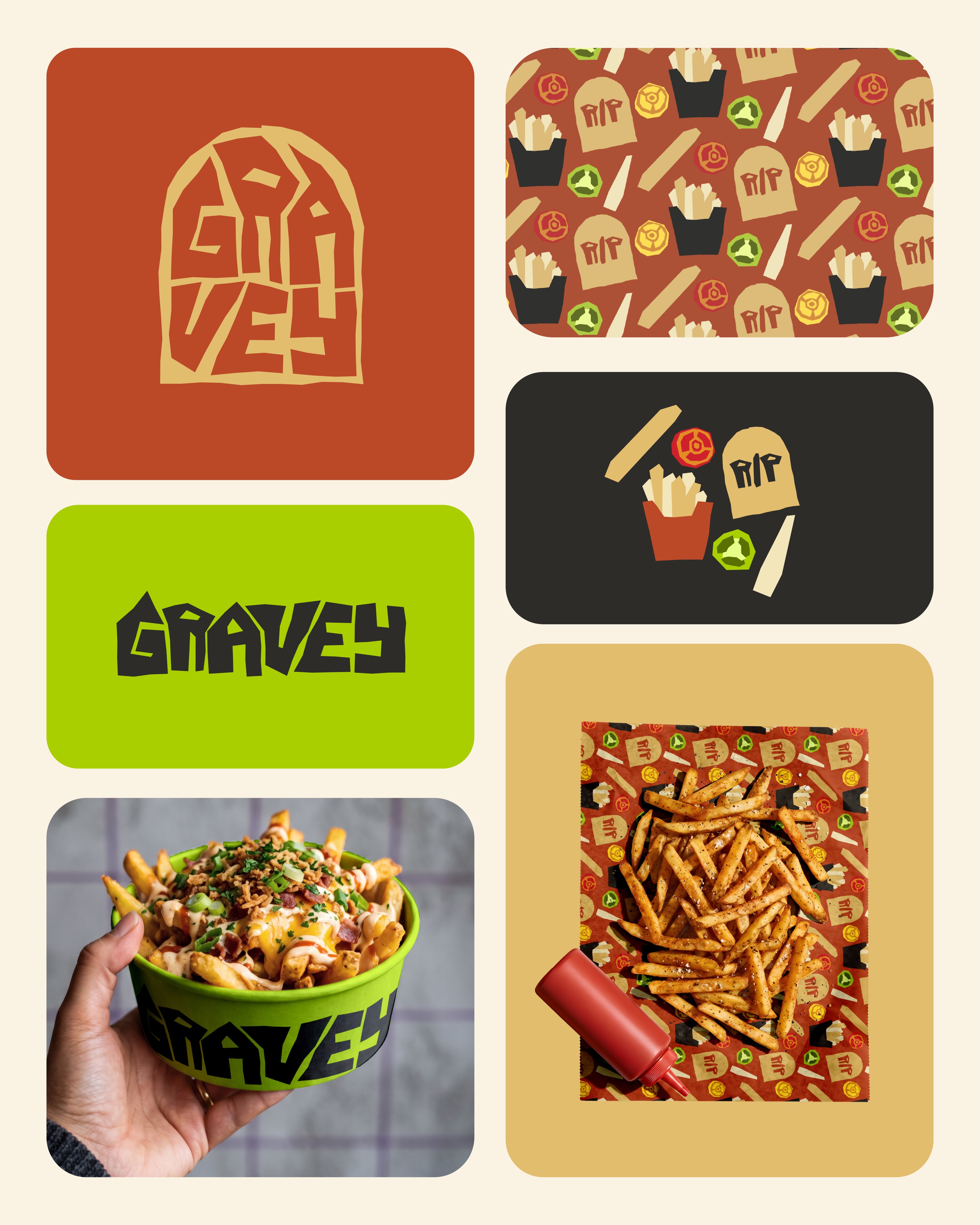 The full GRAVEY brand πͺ¦π
I took my spooky poutine concept beyond the logo and created a full little world around it with packaging, patterns, illustrations and mockups.
I wanted everything to feel bold, weird and a little imperfect while still looking like a poutine brand that could actually exist.
#logoween #logodesign #branding #brandidentity #graphicdesign