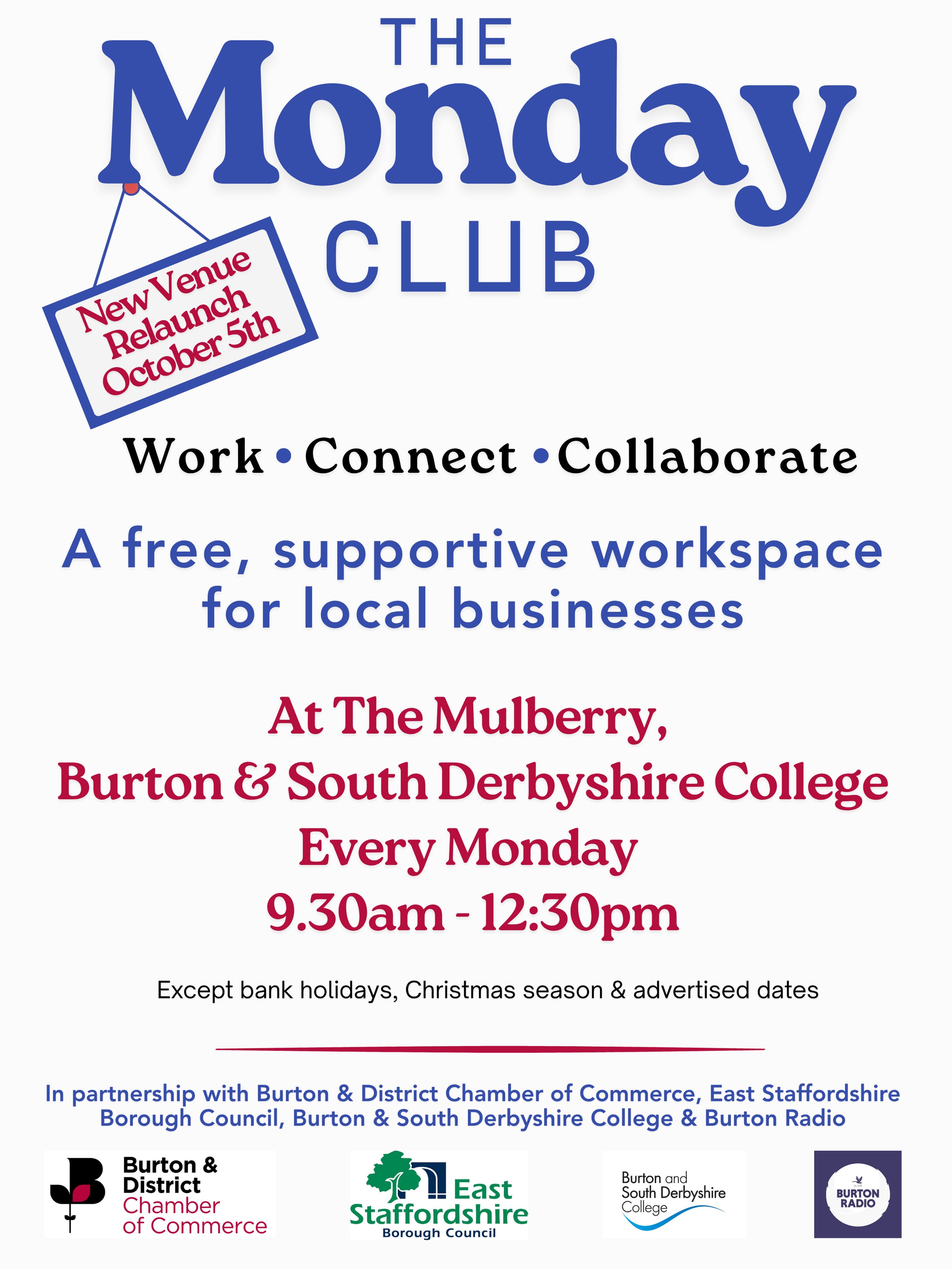 Tired of working from home and need a change of scenery?
Want to meet new people and make new connections?
Looking for support from other people in business?
Come and join us today at The Mulberry at Burton and South Derbyshire College.
It’s completely free. Just pop in!
We look forward to meeting you soon 😊
#themondayclub
@grbhamchambers
@bsdcofficial
@burtonradio
#burtonanddistrictchamberofcommerce
#collaboration
#workspace
