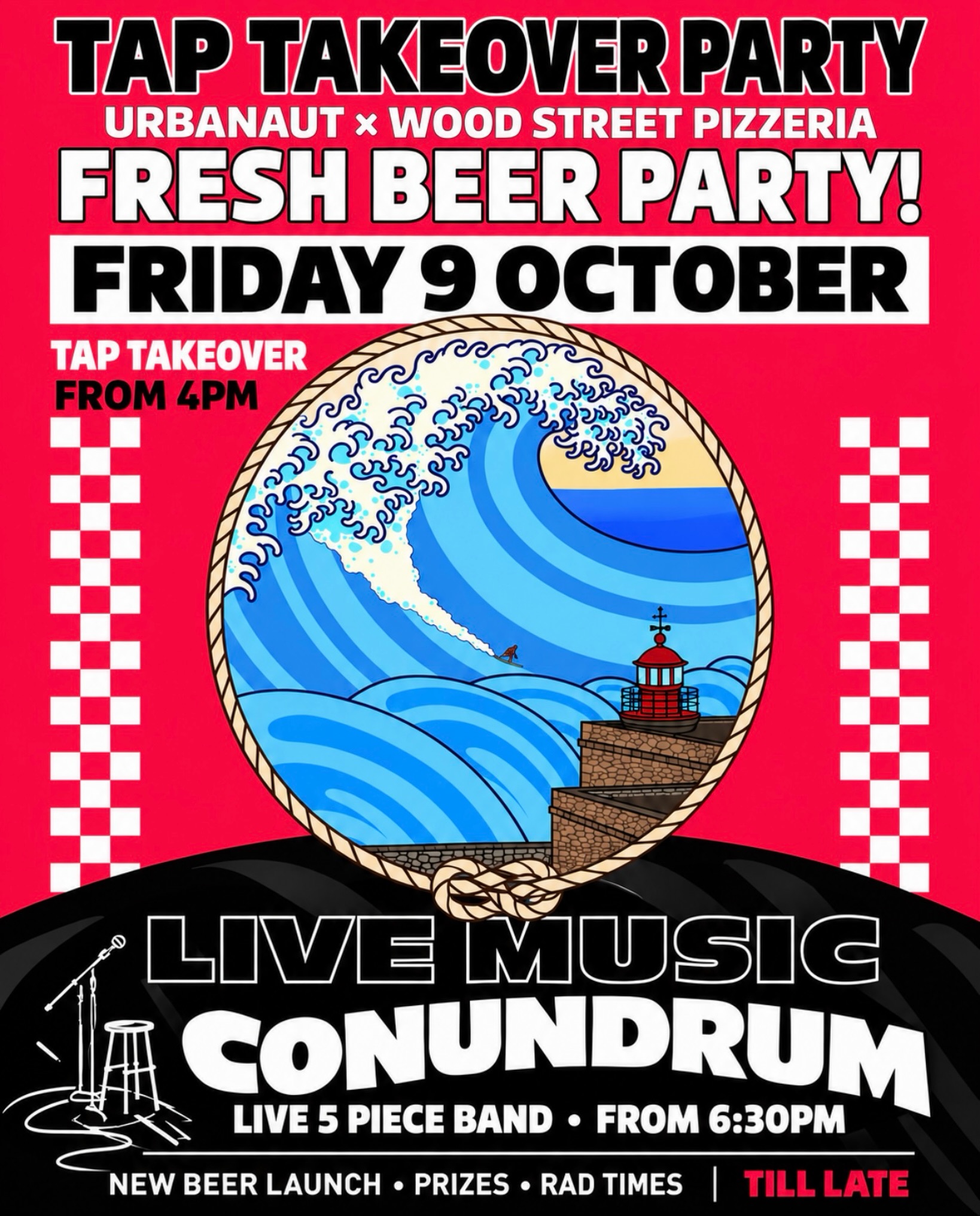 TAP TAKEOVER PARTY AT WOOD STREET PIZZERIA 🍻
Urbanaut is taking over the taps this Friday 9th October from 4pm! Come celebrate their new beer launch with fresh pours, pizza and prizes.
Then settle in for Conundrum, your favourite five-piece band kicking off at 6:30pm. We’re going till late! 🔥