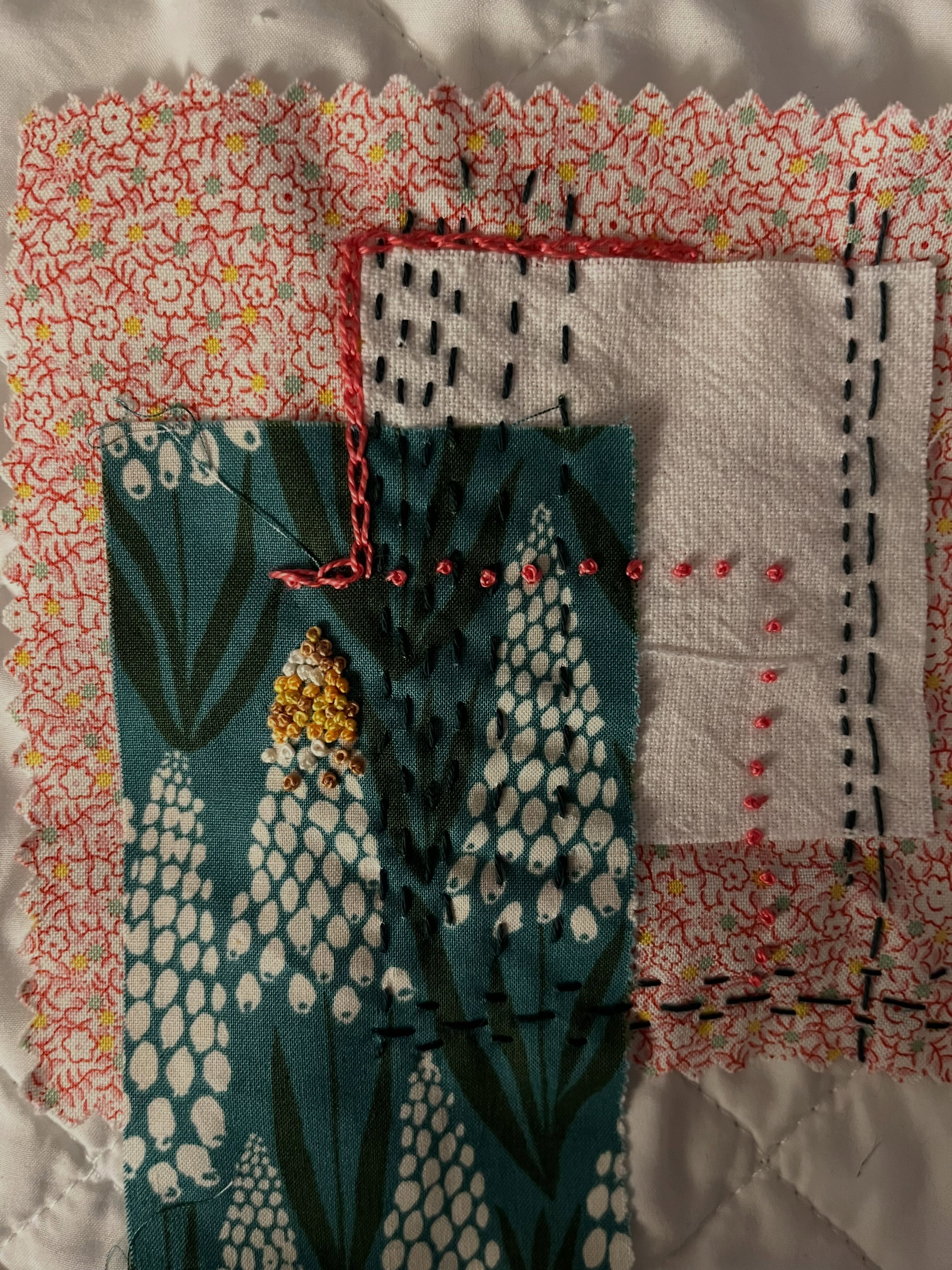 Day 4, square 1. Kept running on the French knots until I ran out of both time and thread :). @tinyartgarage918 @communitycrafttulsa #tinystitchadventure